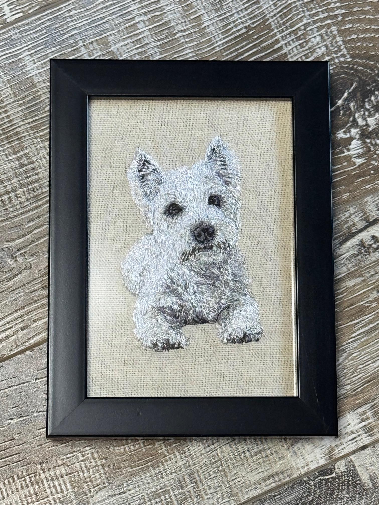 West Highland Terrier Machine Embroidered Framed Art | Tabletop Decor for Home or Office