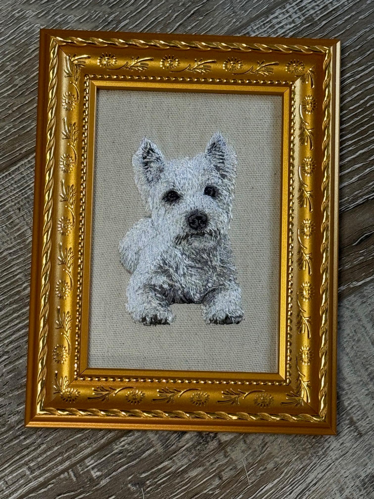 West Highland Terrier Machine Embroidered Framed Art | Tabletop Decor for Home or Office