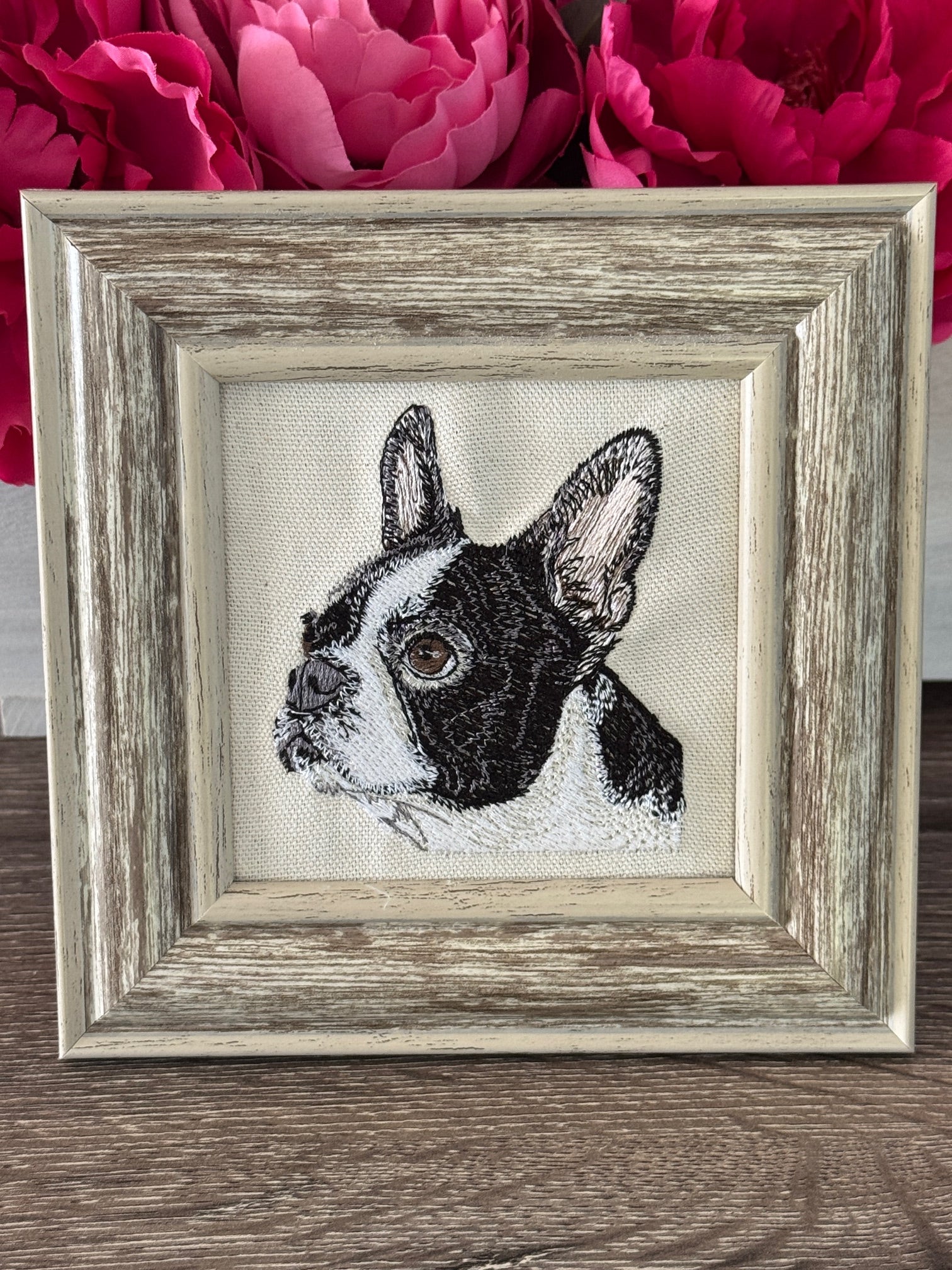 Boston Terrier Machine Embroidered Framed Art | Tabletop Decor