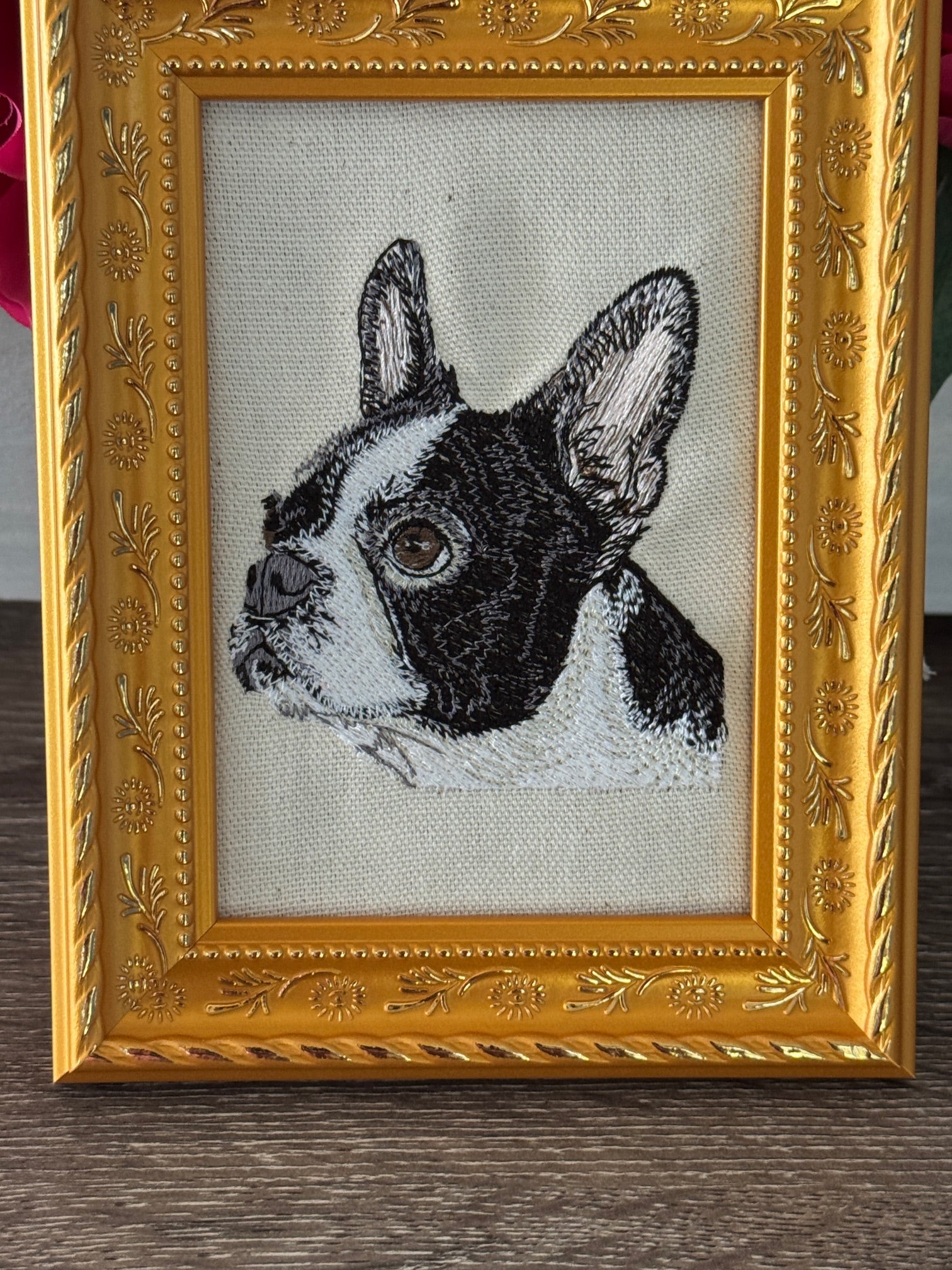 Boston Terrier Machine Embroidered Framed Art | Tabletop Decor
