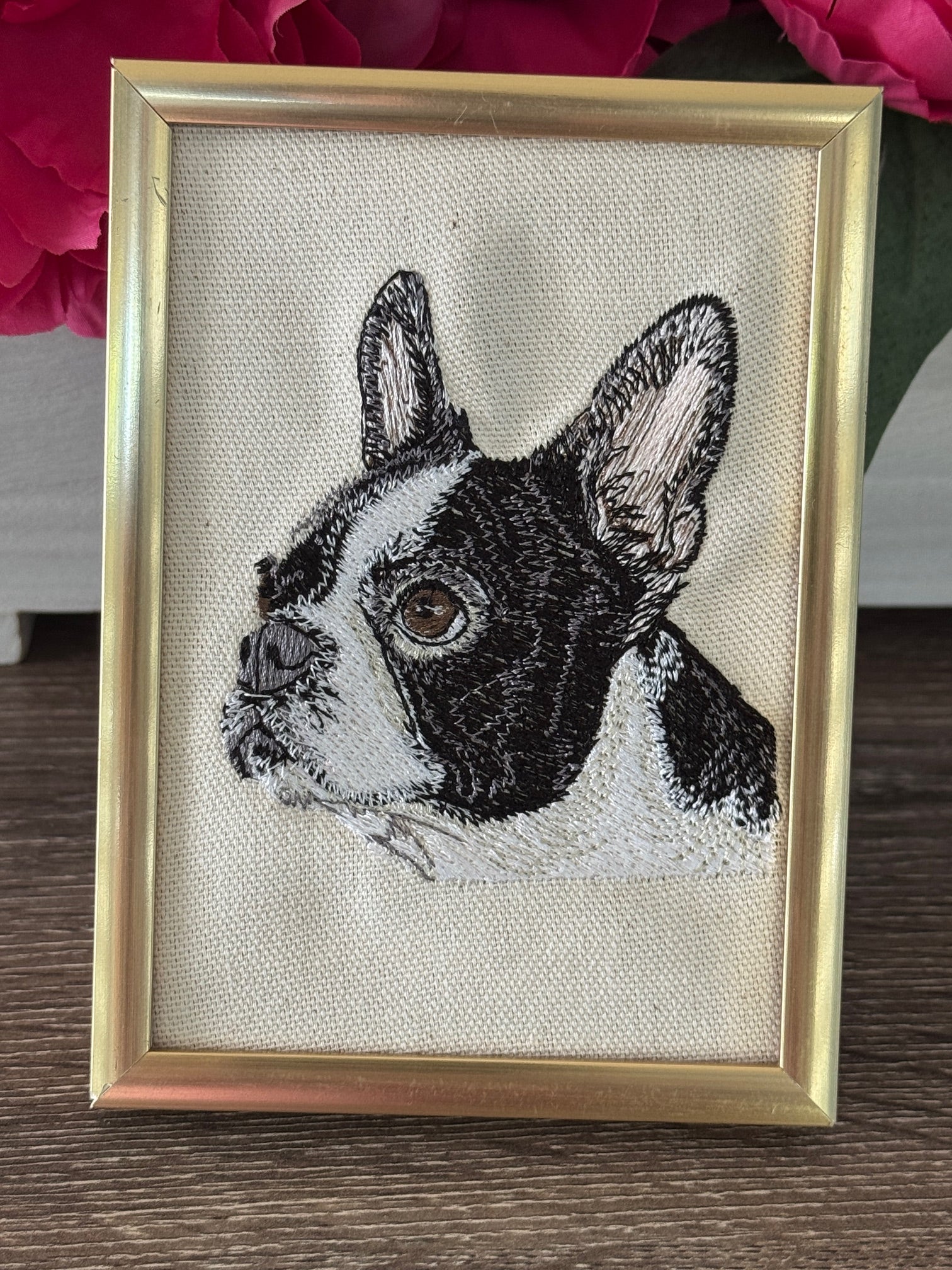 Boston Terrier Machine Embroidered Framed Art | Tabletop Decor