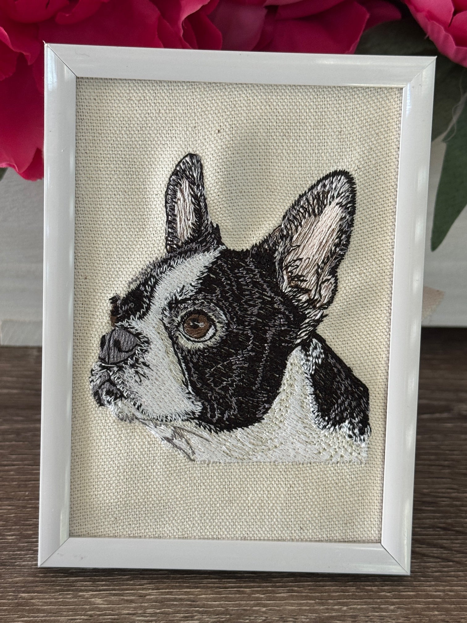 Boston Terrier Machine Embroidered Framed Art | Tabletop Decor
