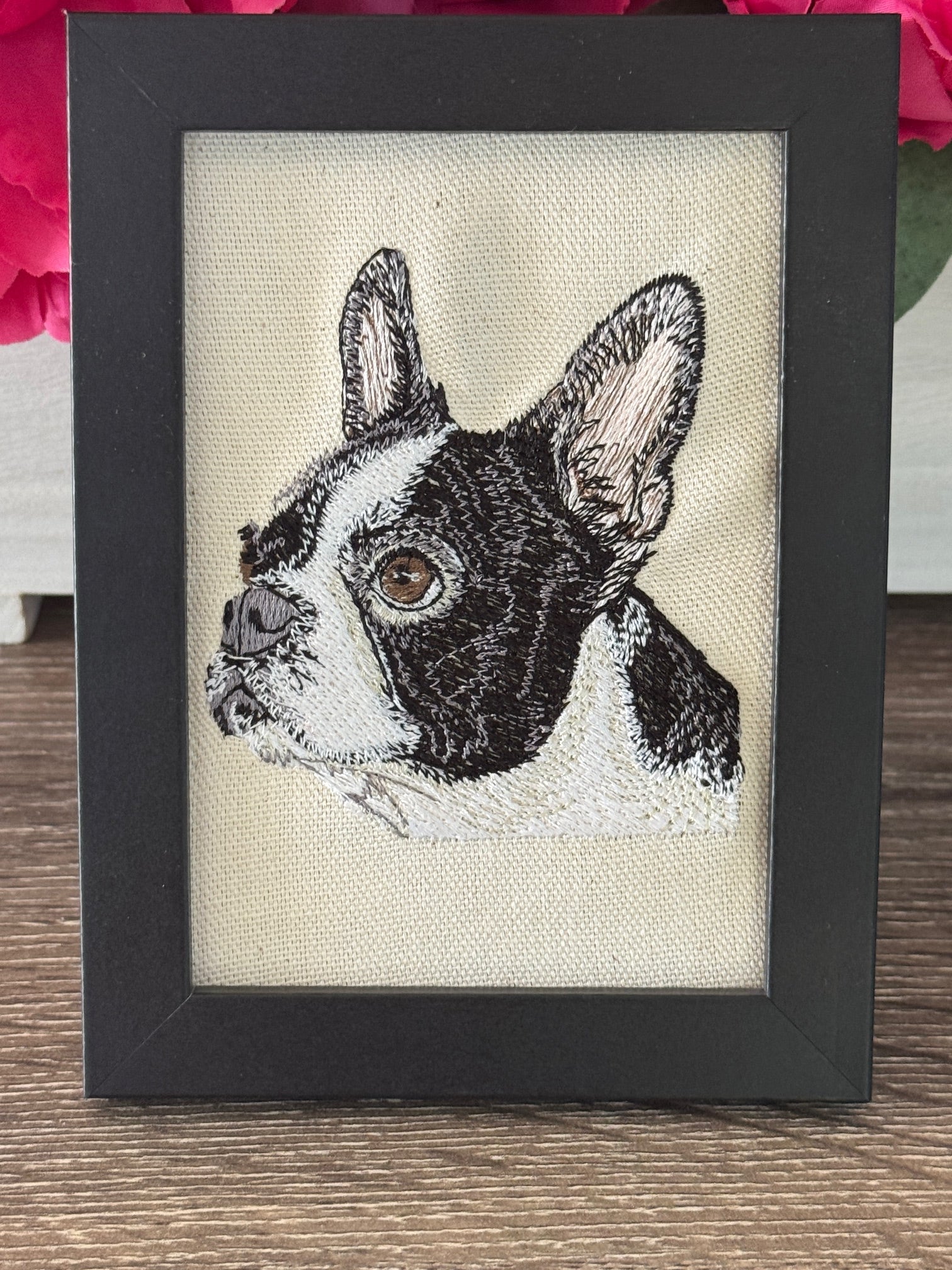 Boston Terrier Machine Embroidered Framed Art | Tabletop Decor
