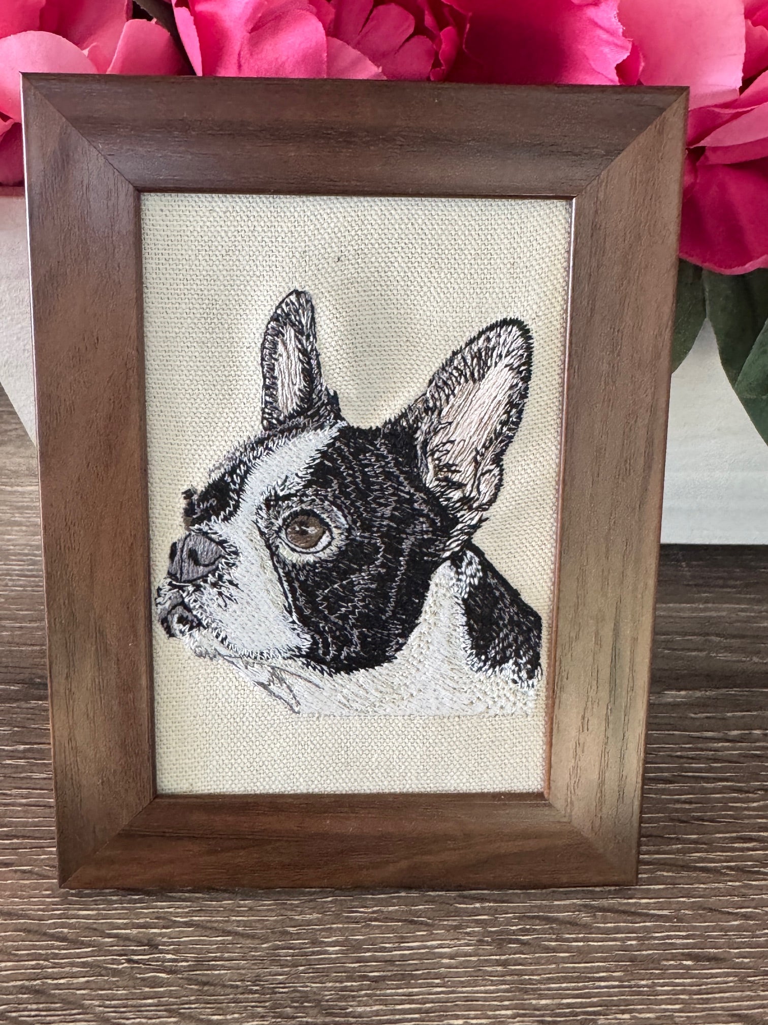 Boston Terrier Machine Embroidered Framed Art | Tabletop Decor