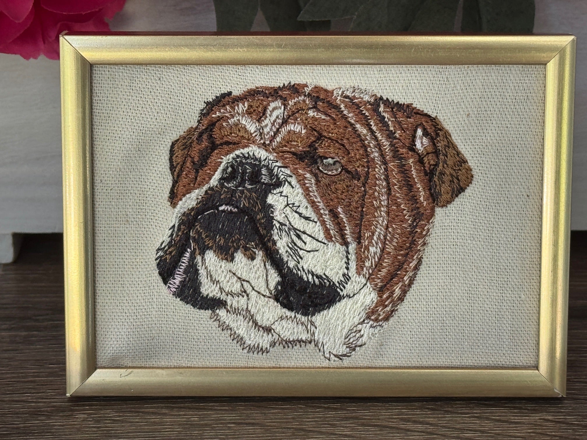 English Bulldog Machine Embroidered Framed Art | Dog Breed Décor
