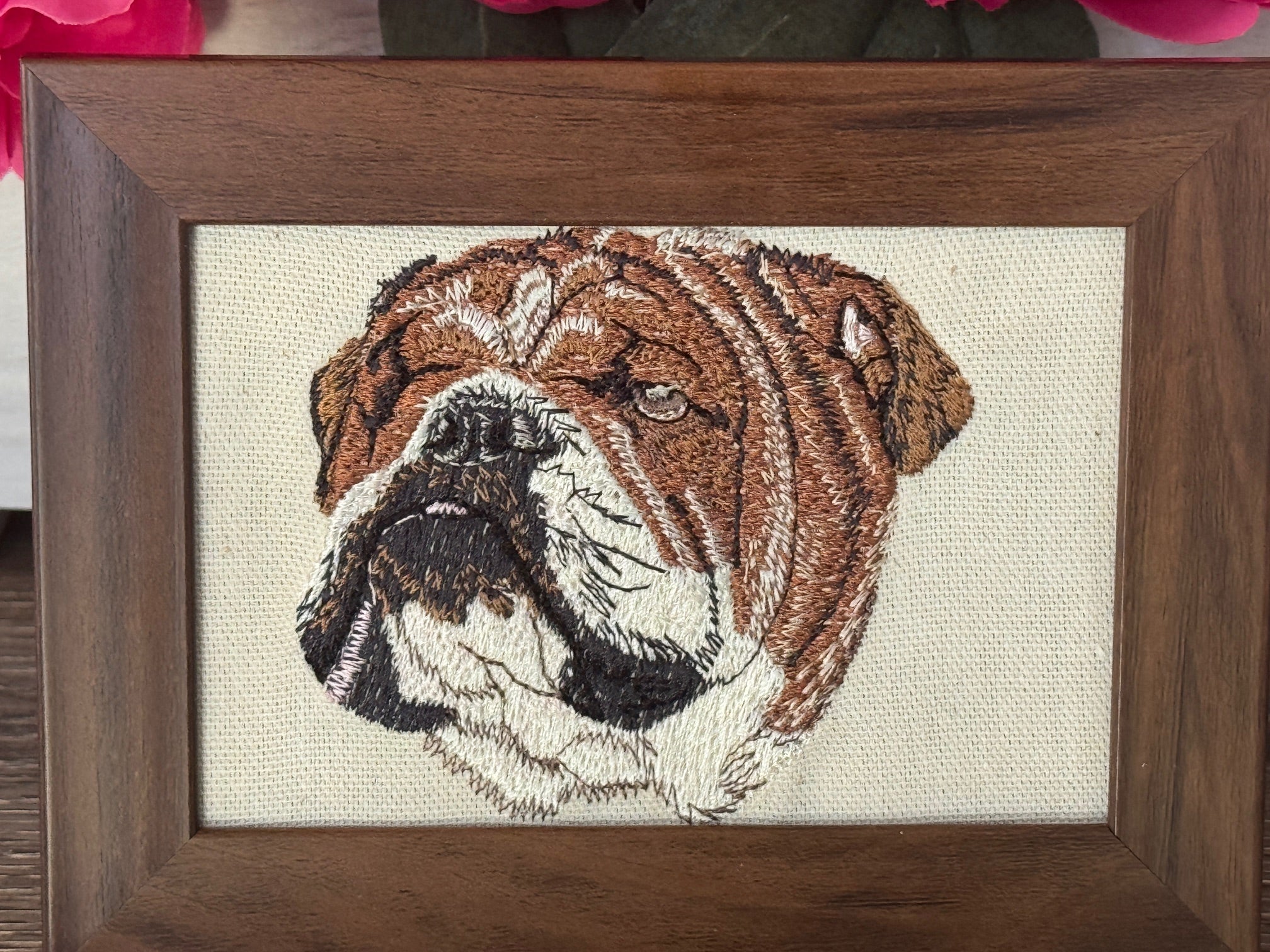 English Bulldog Machine Embroidered Framed Art | Dog Breed Décor