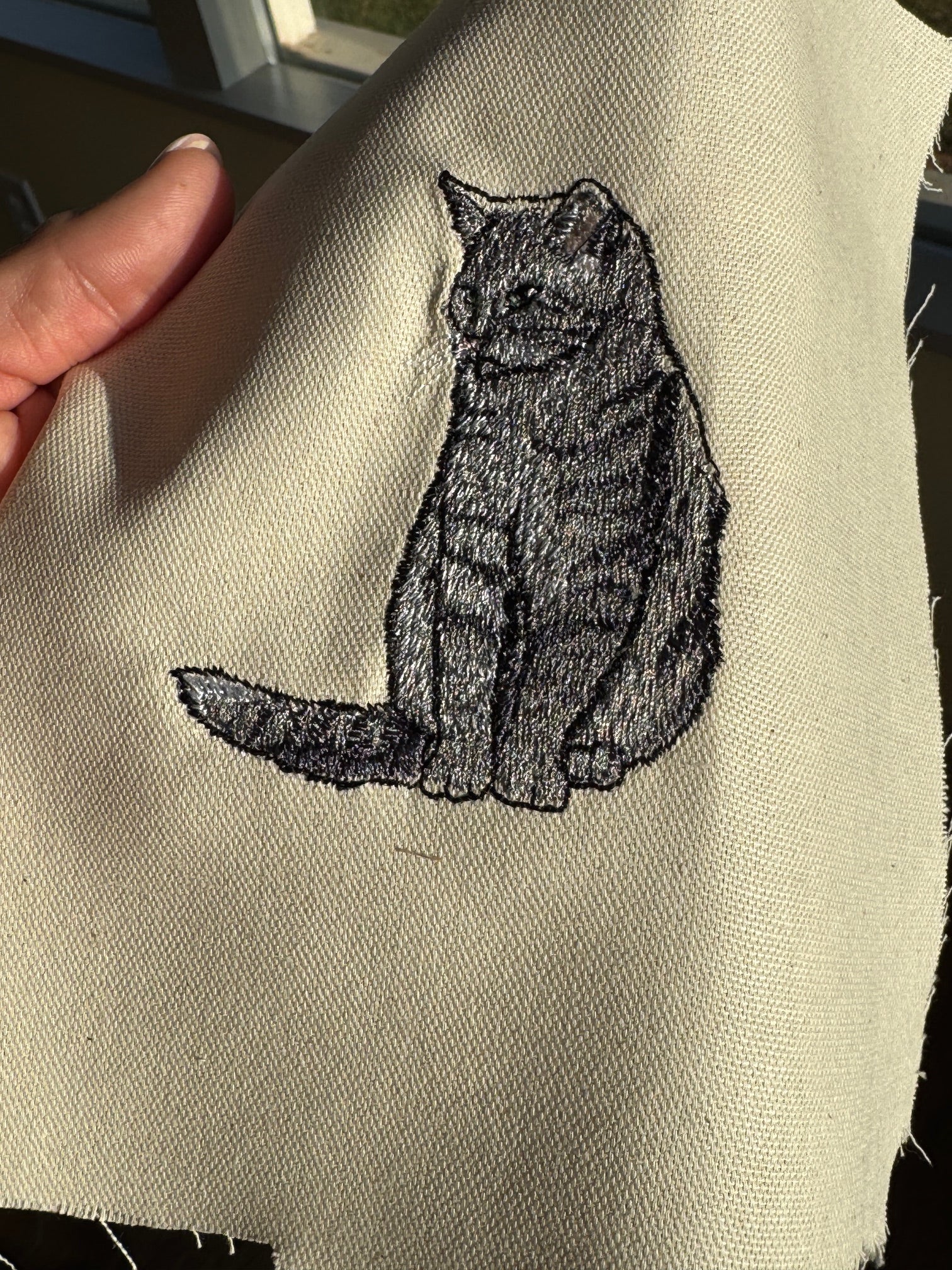 Grey Tabby Cat Machine Embroidered Framed Art | Tabletop Decor