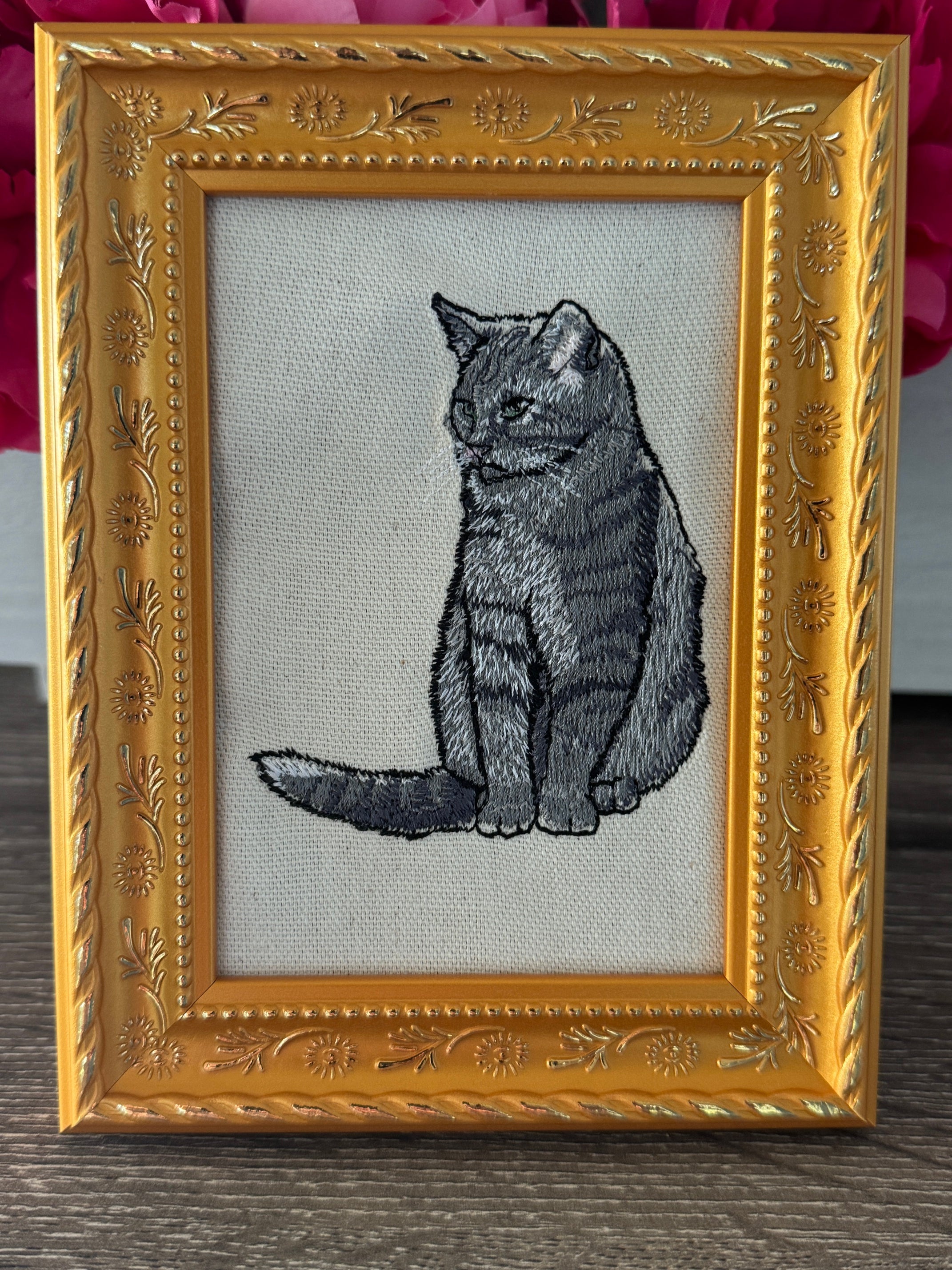 Grey Tabby Cat Machine Embroidered Framed Art | Tabletop Decor
