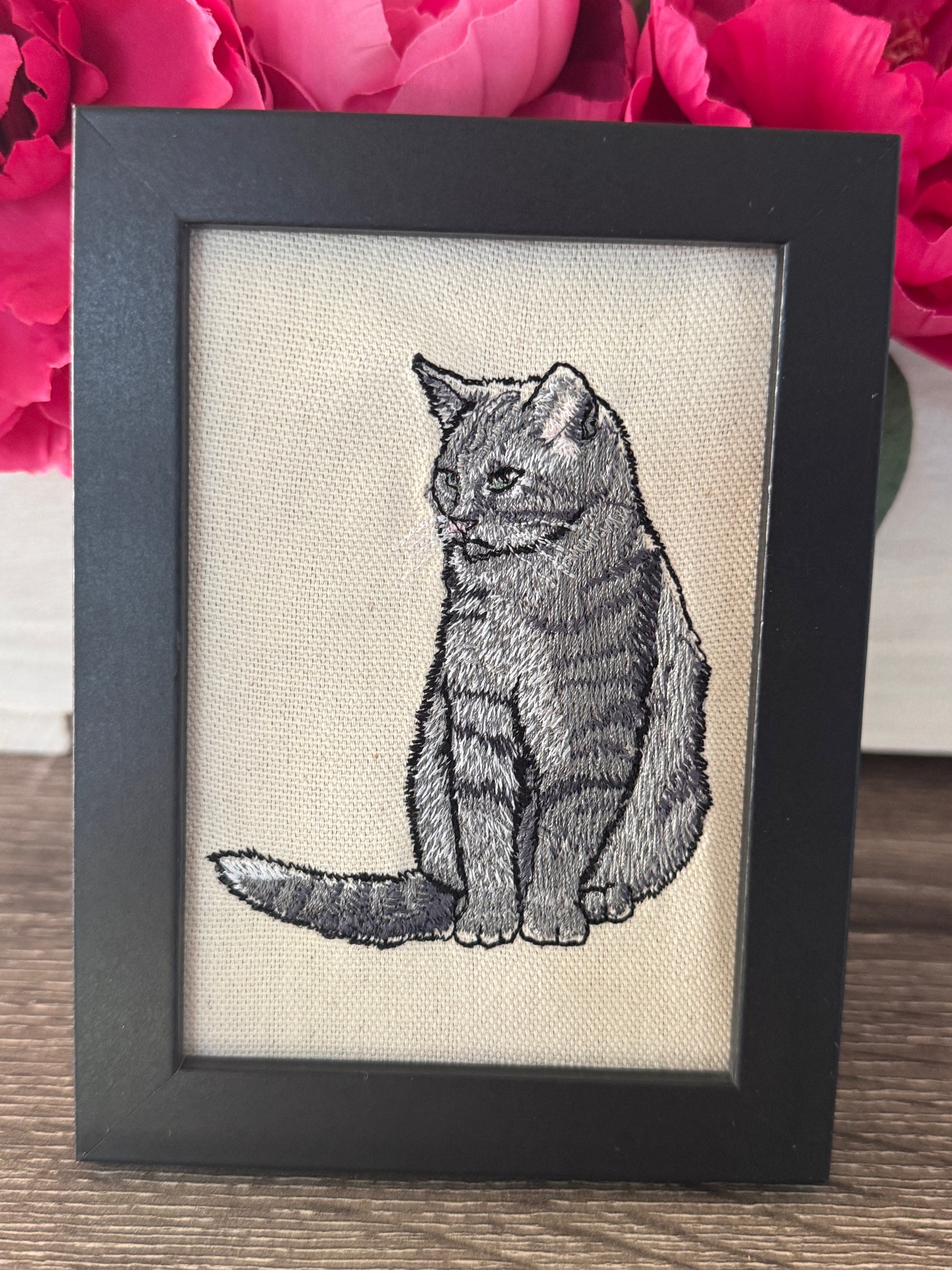 Grey Tabby Cat Machine Embroidered Framed Art | Tabletop Decor