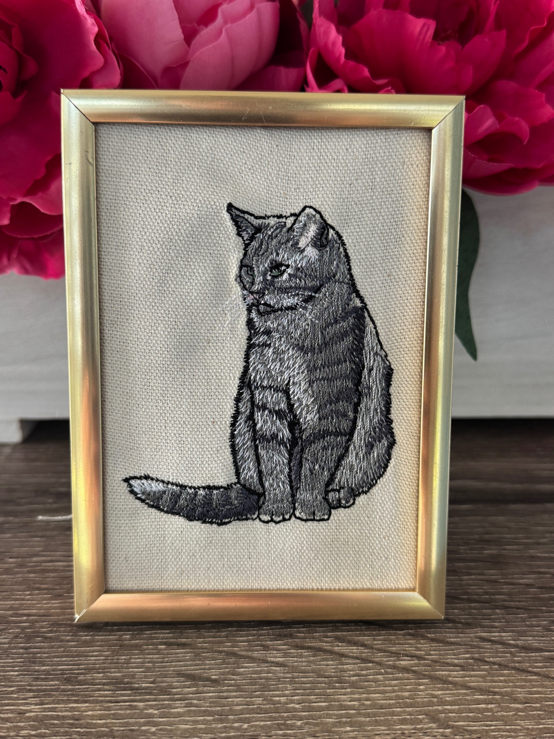Grey Tabby Cat Machine Embroidered Framed Art | Tabletop Decor