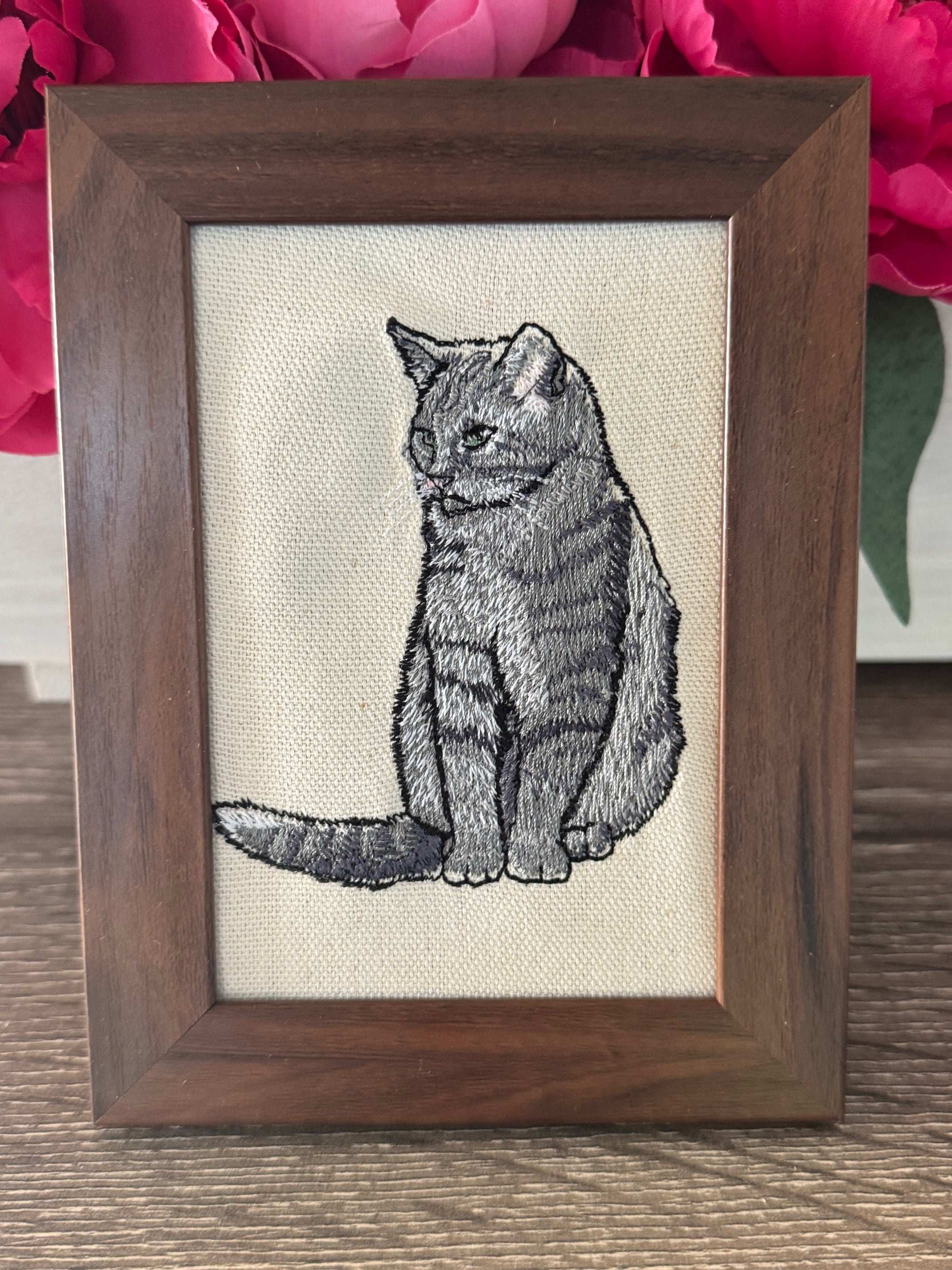 Grey Tabby Cat Machine Embroidered Framed Art | Tabletop Decor