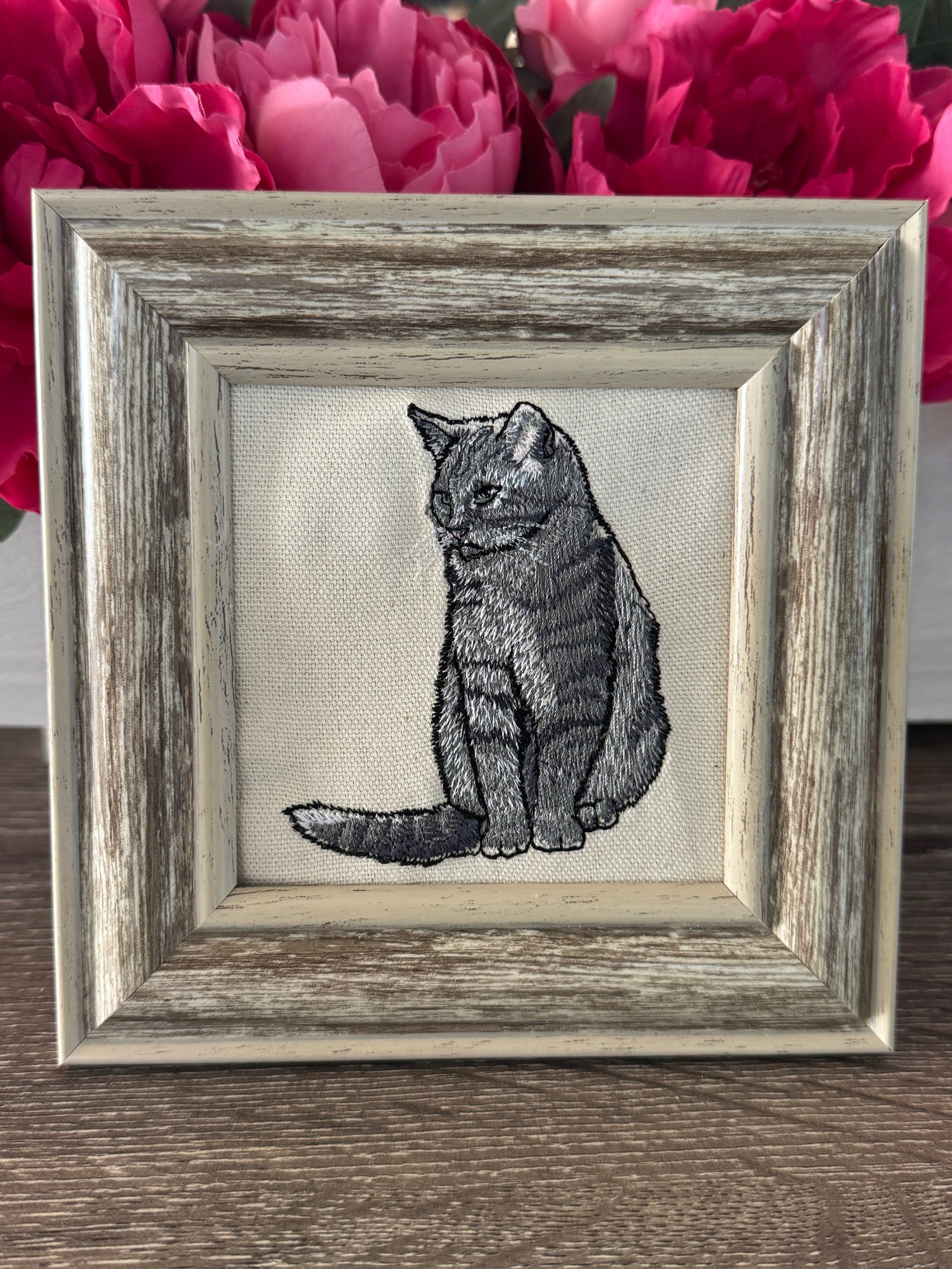 Grey Tabby Cat Machine Embroidered Framed Art | Tabletop Decor