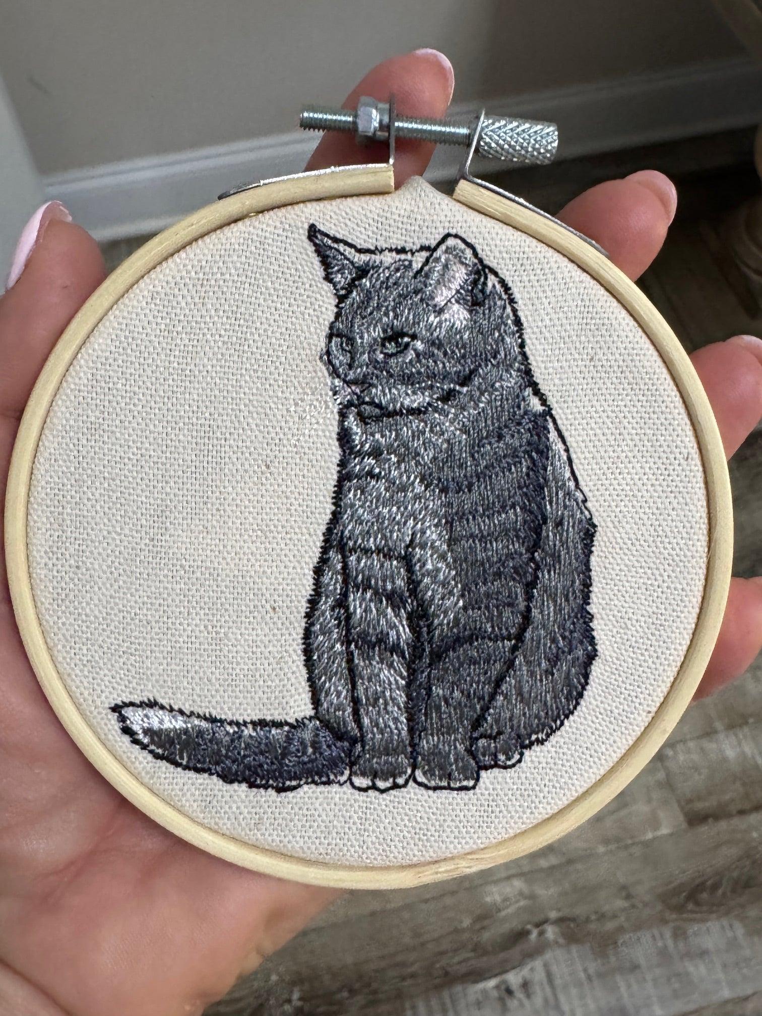 Grey Tabby Cat Machine Embroidered Framed Art | Tabletop Decor