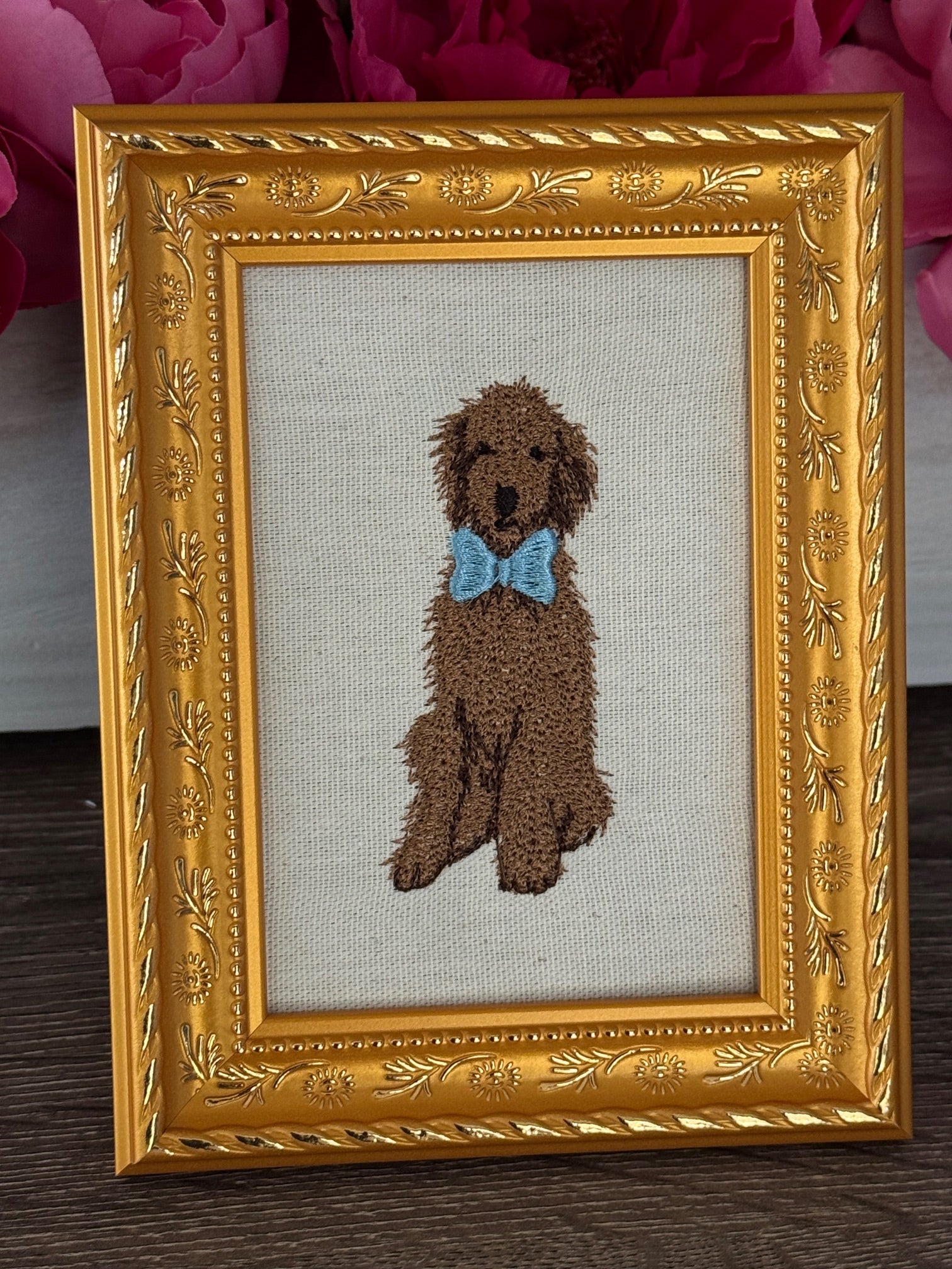 Goldendoodle Looking Dapper Machine Embroidered Framed Art | Tabletop Decor