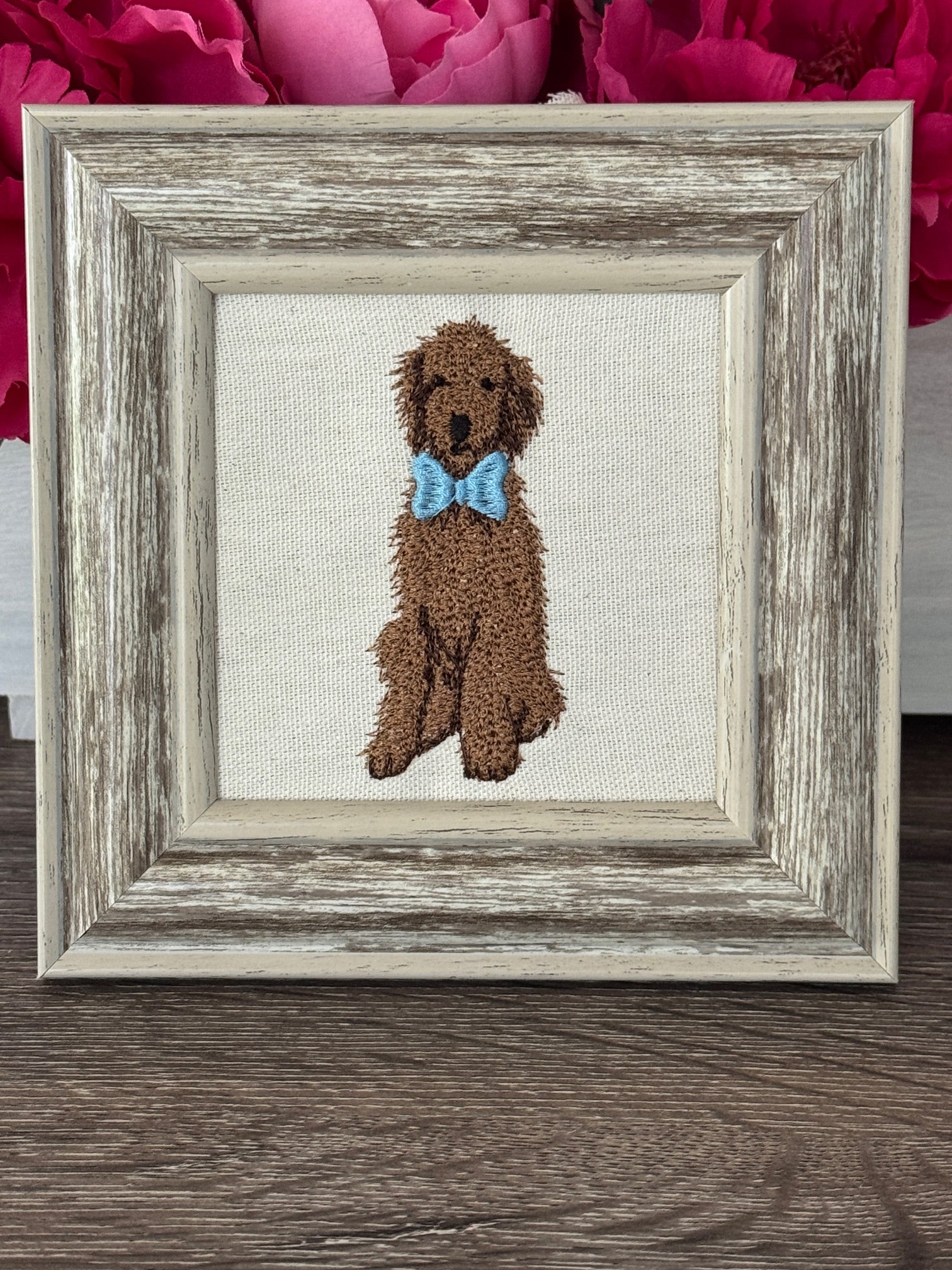 Goldendoodle Looking Dapper Machine Embroidered Framed Art | Tabletop Decor
