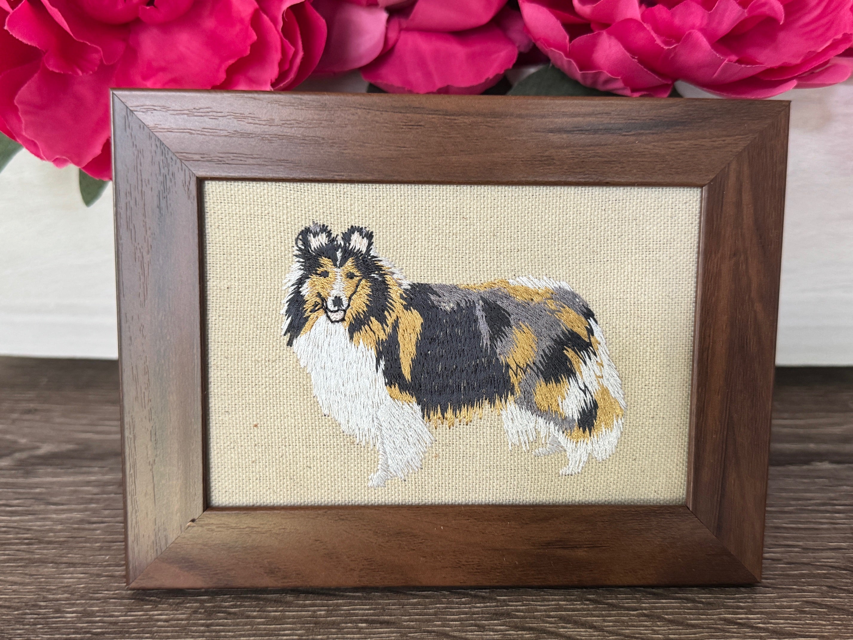 Collie Sheltie Machine Embroidered Framed Art | Tabletop Decor