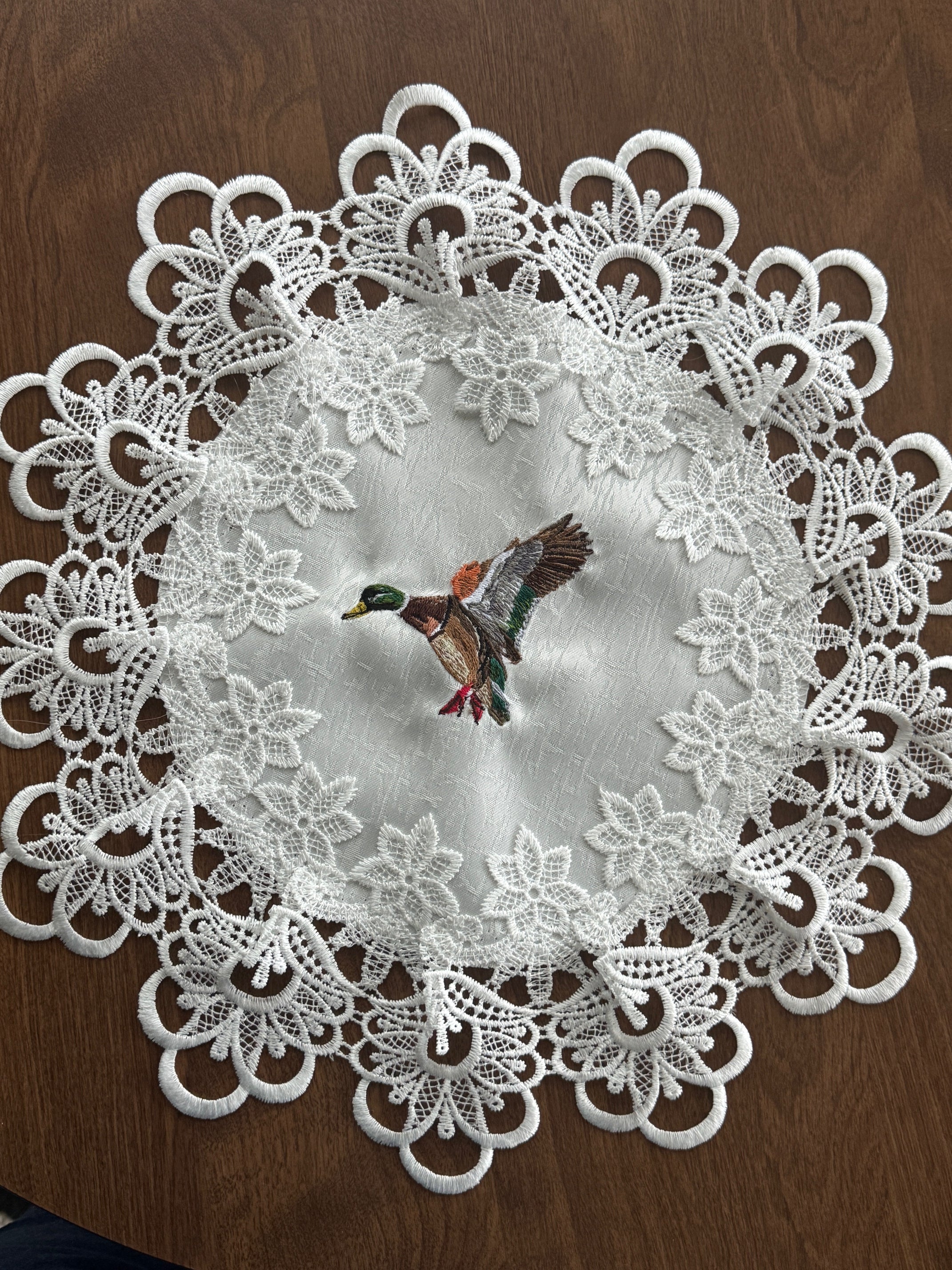 Beautiful Mallard Duck Embroidered Doily