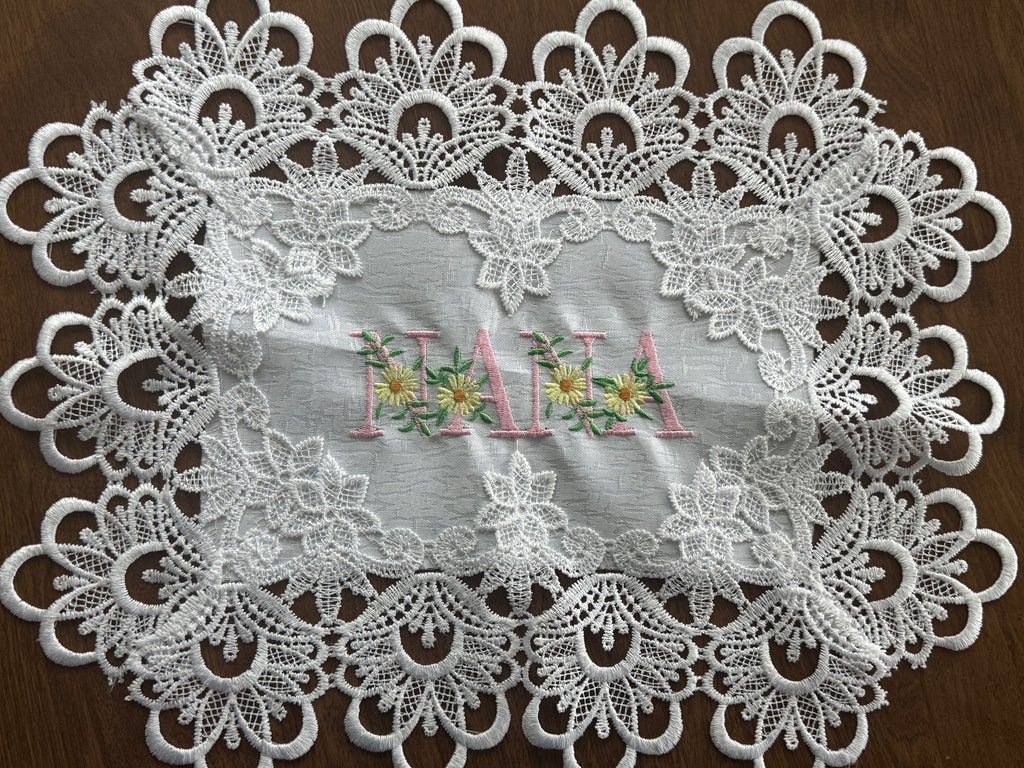 'NANA' Machine Embroidered White Doily
