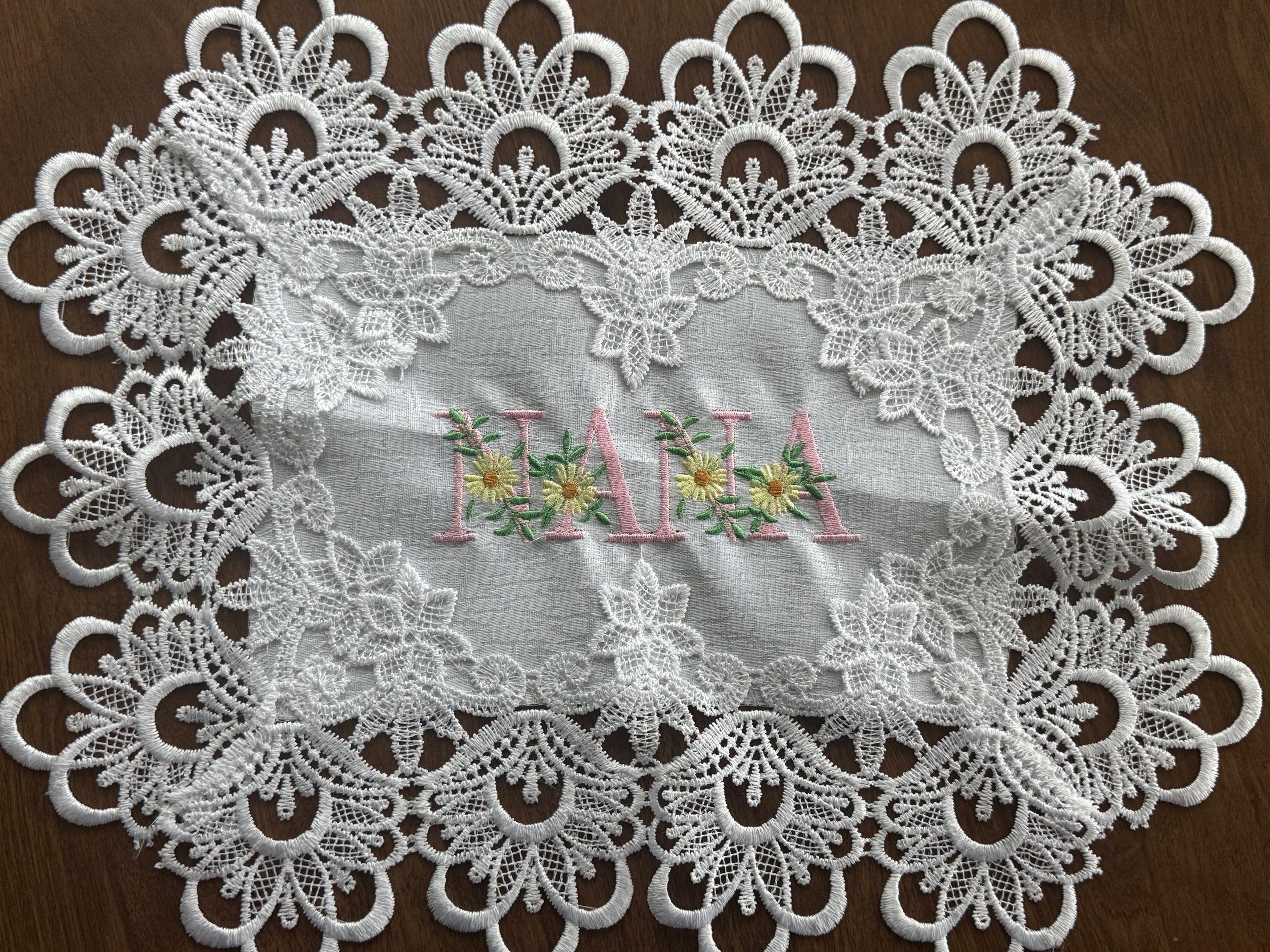 'NANA' Machine Embroidered White Doily