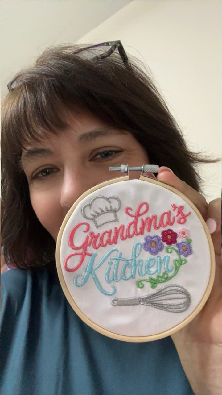 Grandma's Kitchen Machine Embroidered Framed in 4" Embroidery Hoop