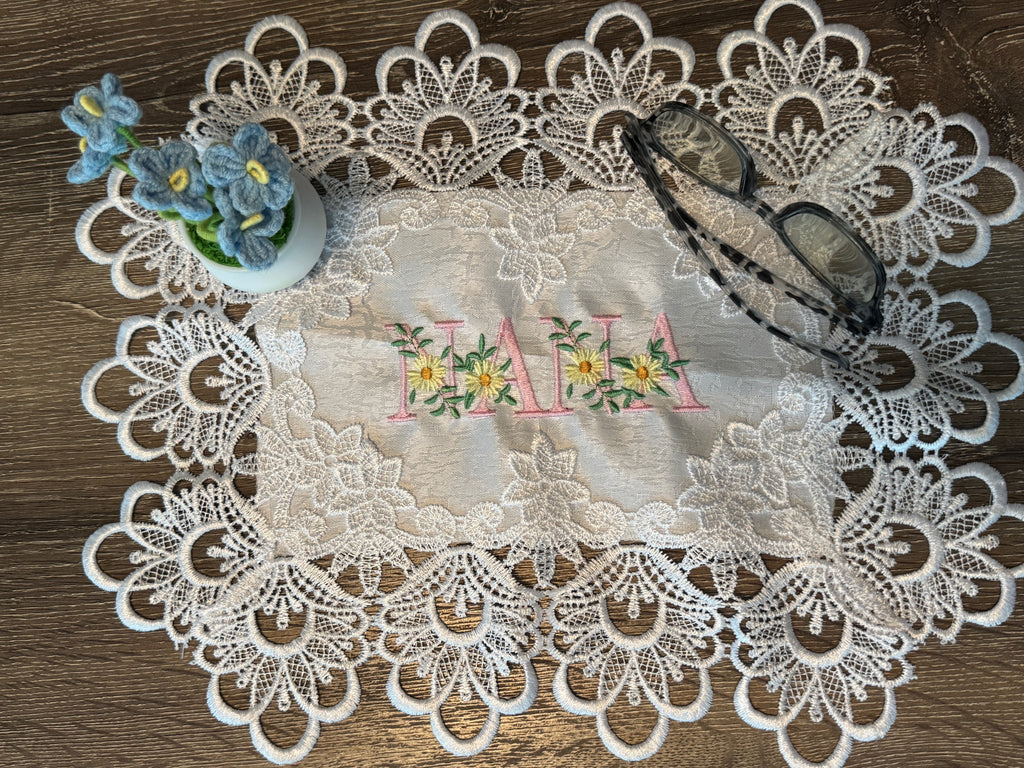 'NANA' Machine Embroidered White Doily