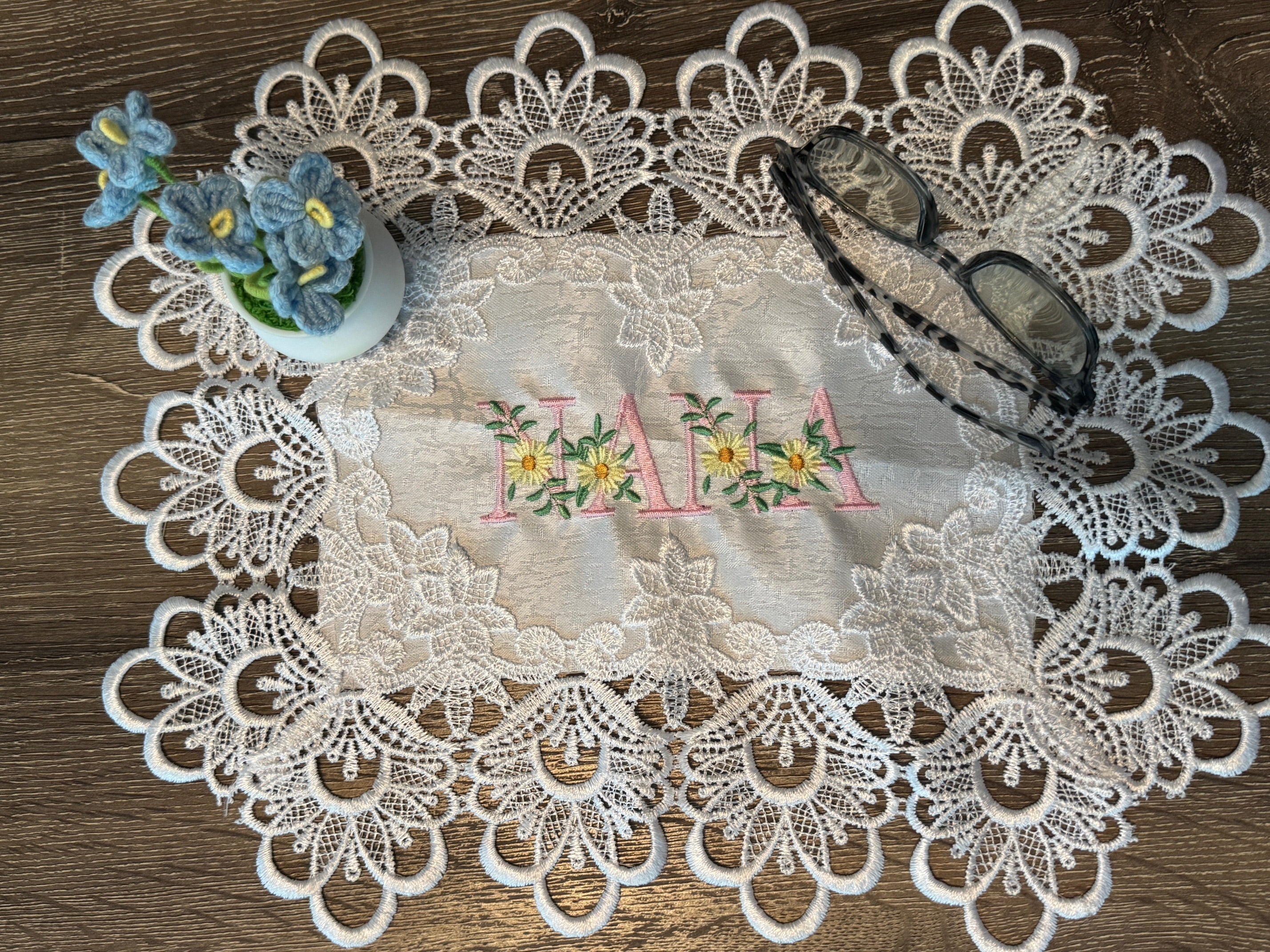 'NANA' Machine Embroidered White Doily