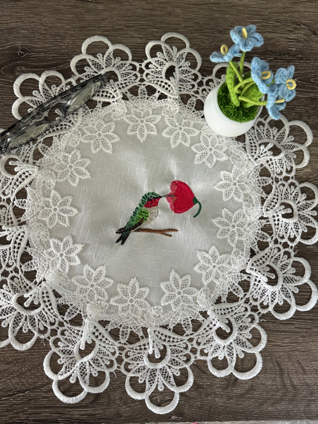 Hummingbird Machine Embroidered Doily