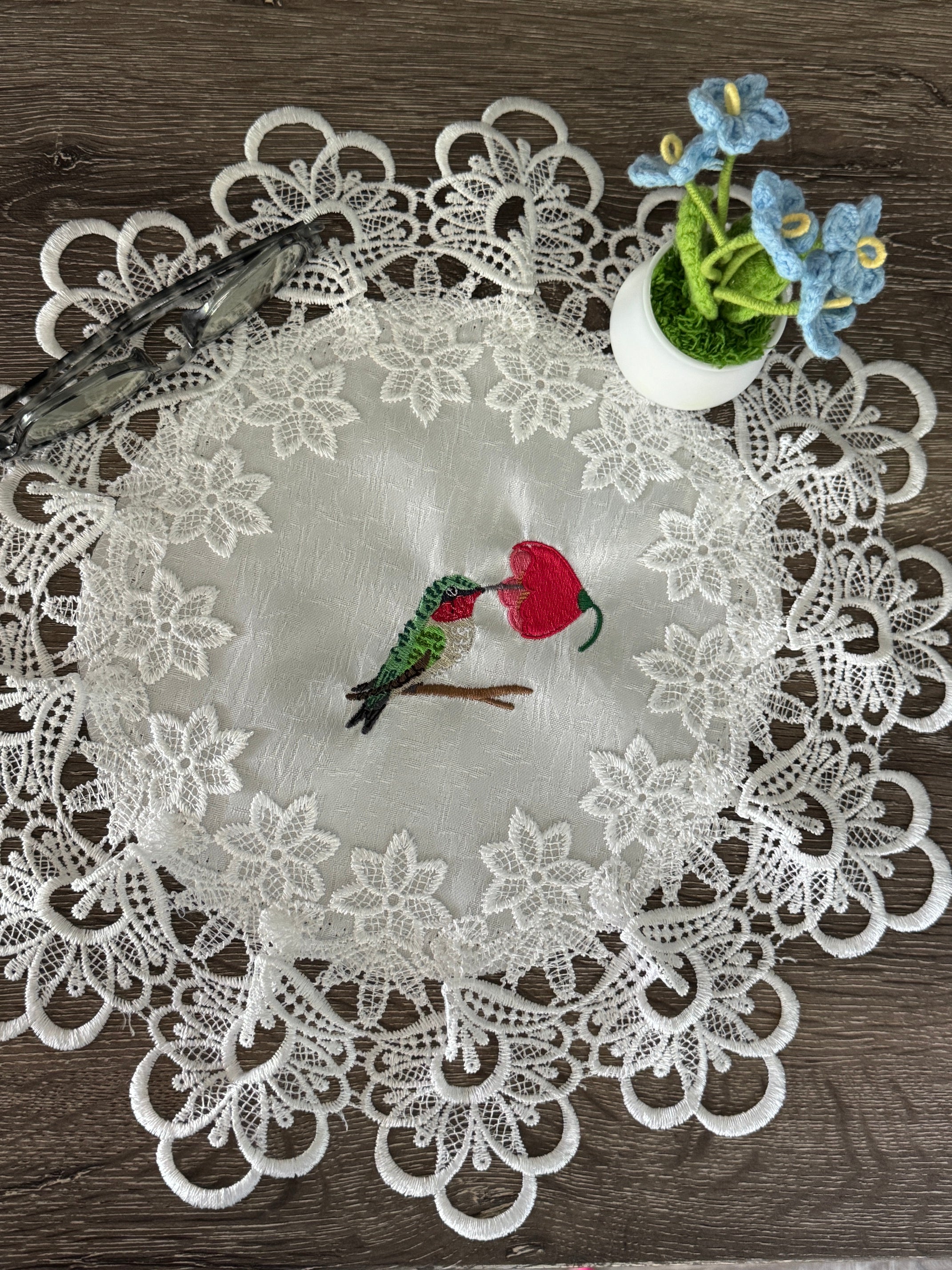 Hummingbird Machine Embroidered Doily
