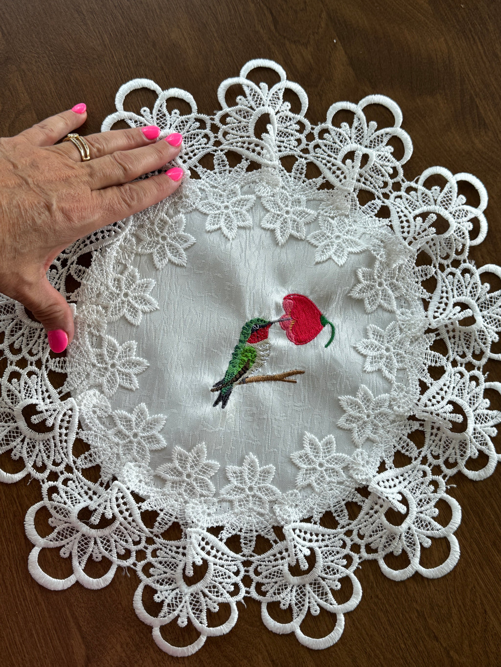 Hummingbird Machine Embroidered Doily