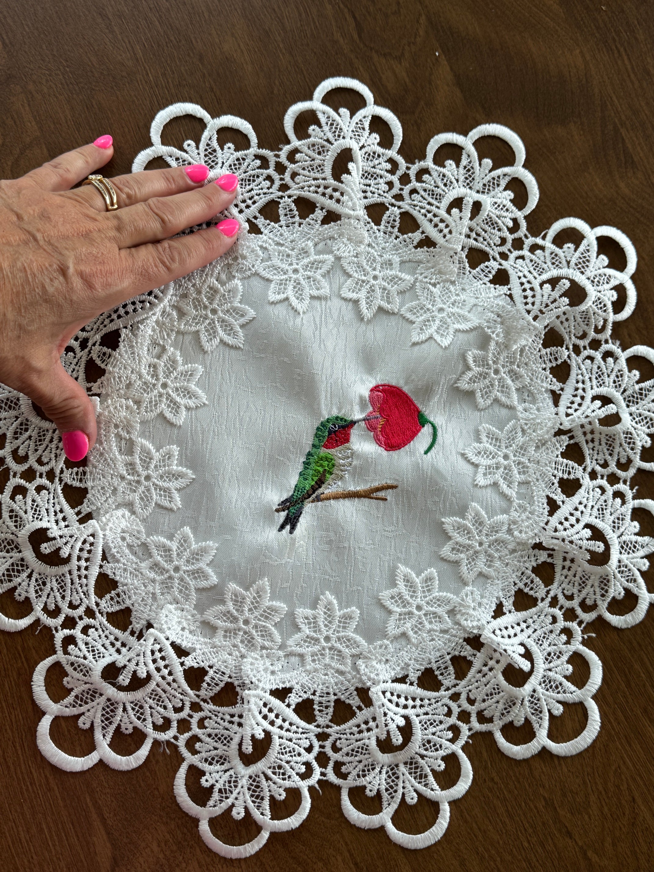 Hummingbird Machine Embroidered Doily
