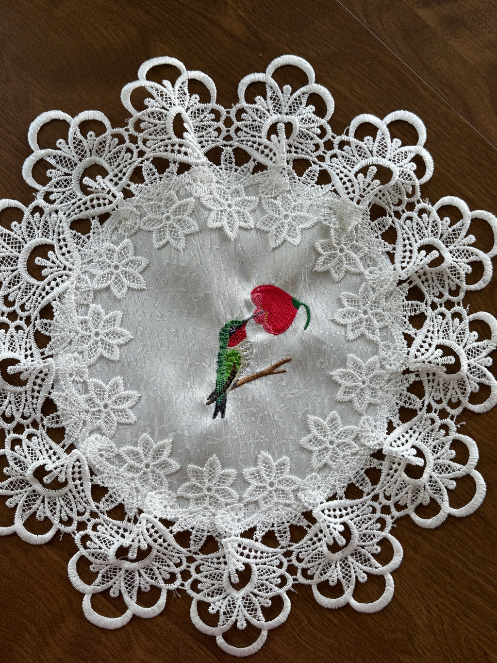Hummingbird Machine Embroidered Doily