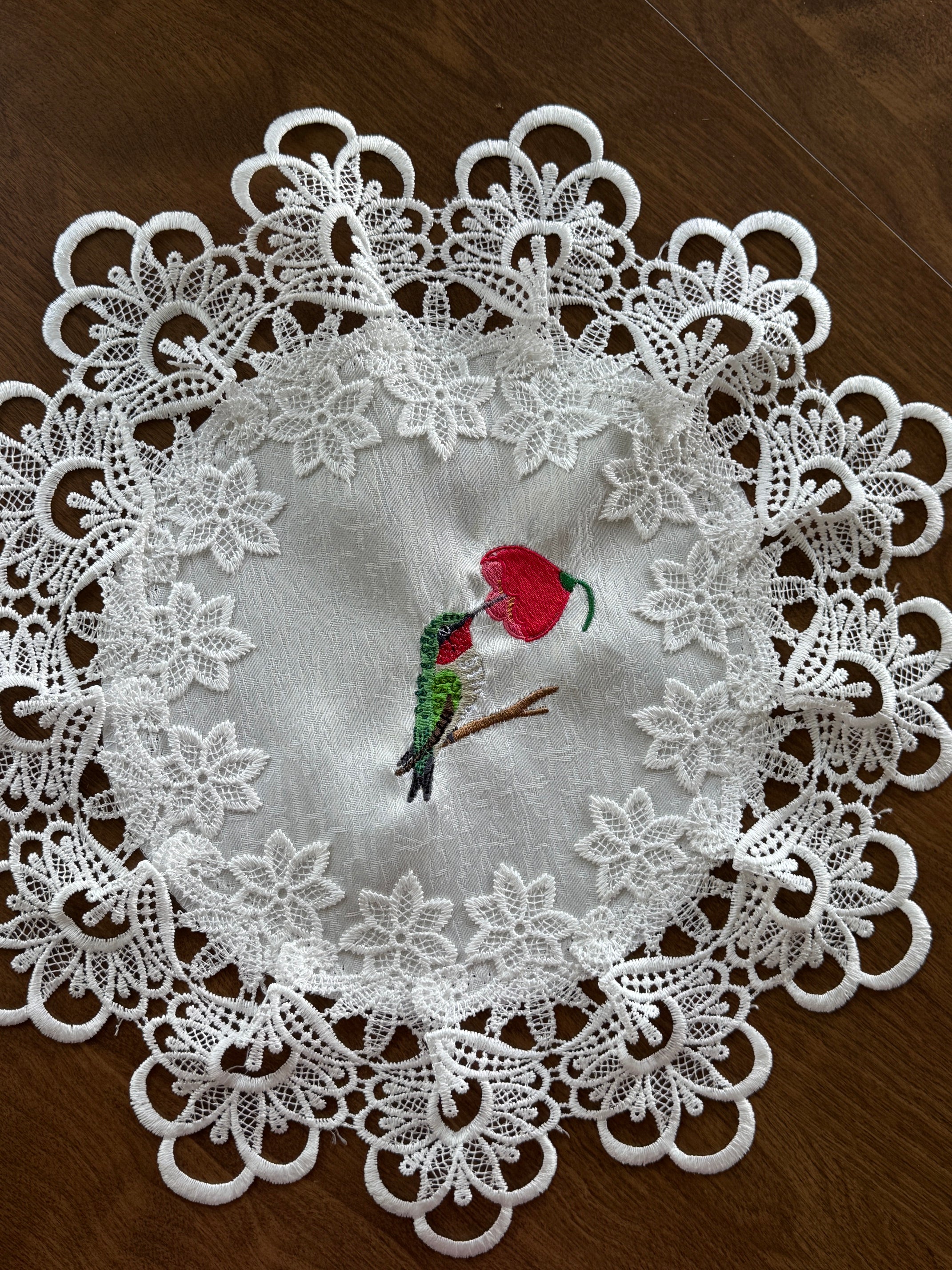 Hummingbird Machine Embroidered Doily