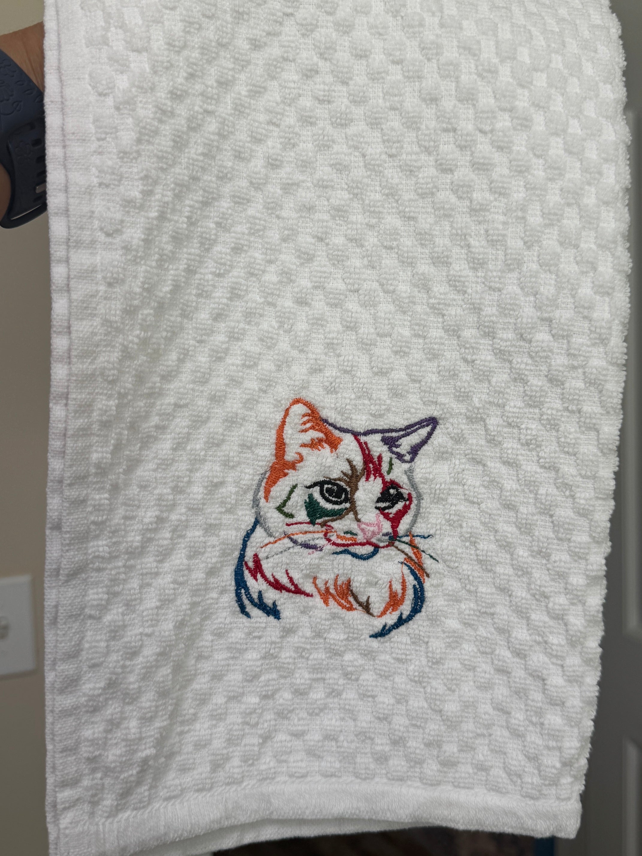 Kitchen Towel Rainbow Thread Cat Embroidered