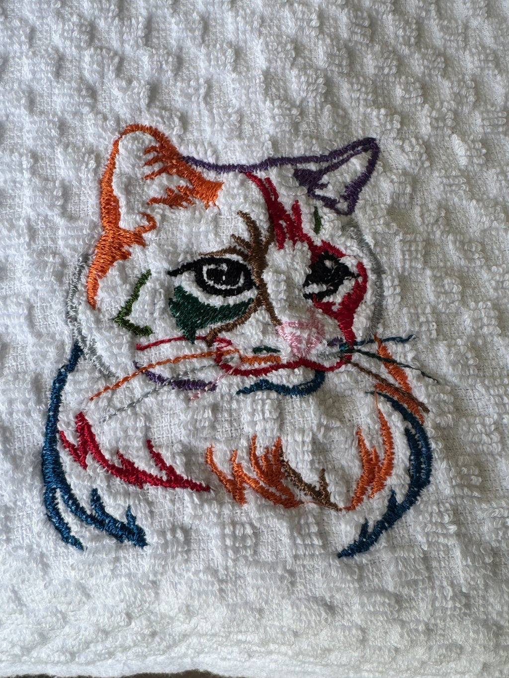 Kitchen Towel Rainbow Thread Cat Embroidered
