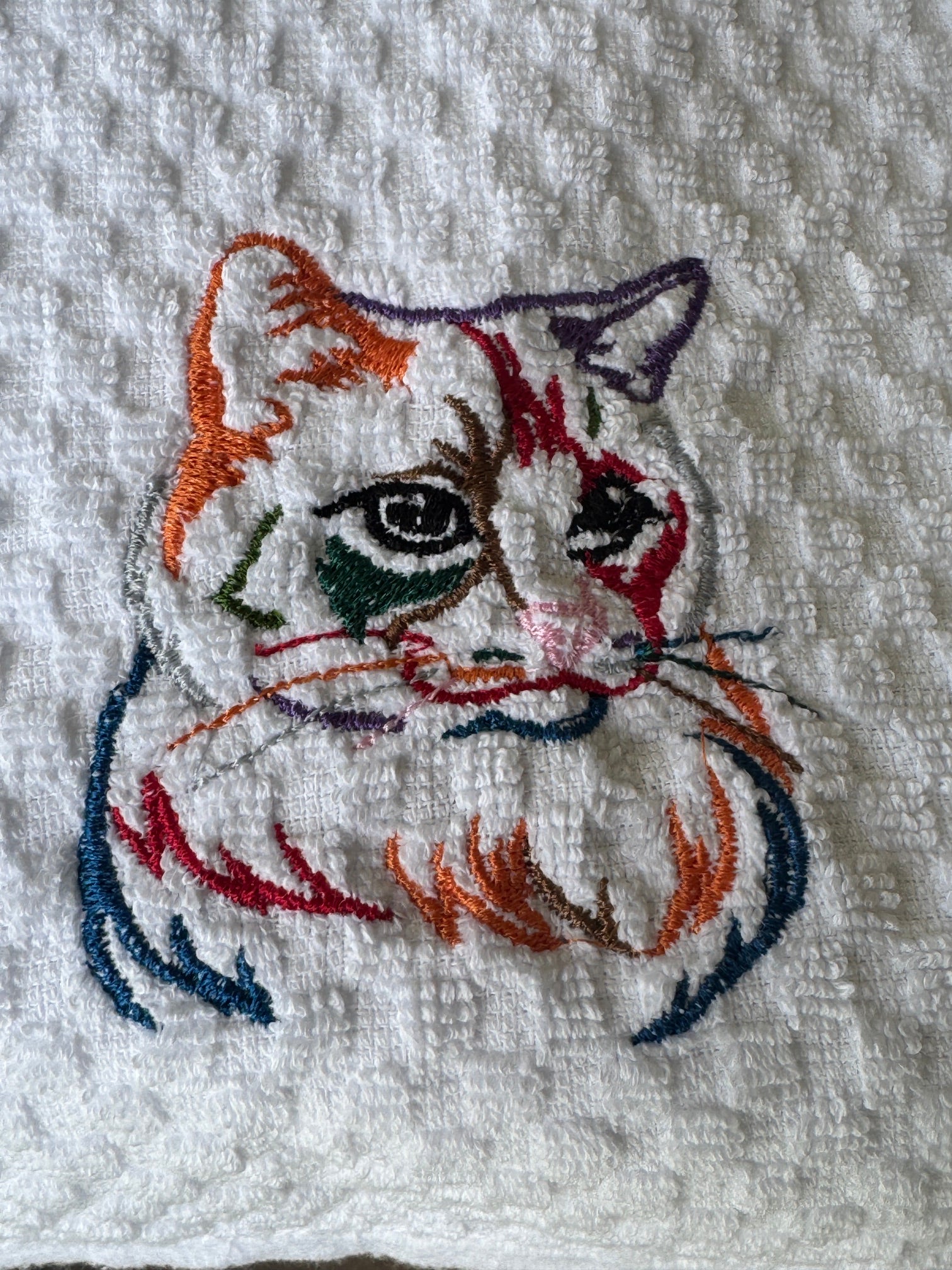 Kitchen Towel Rainbow Thread Cat Embroidered