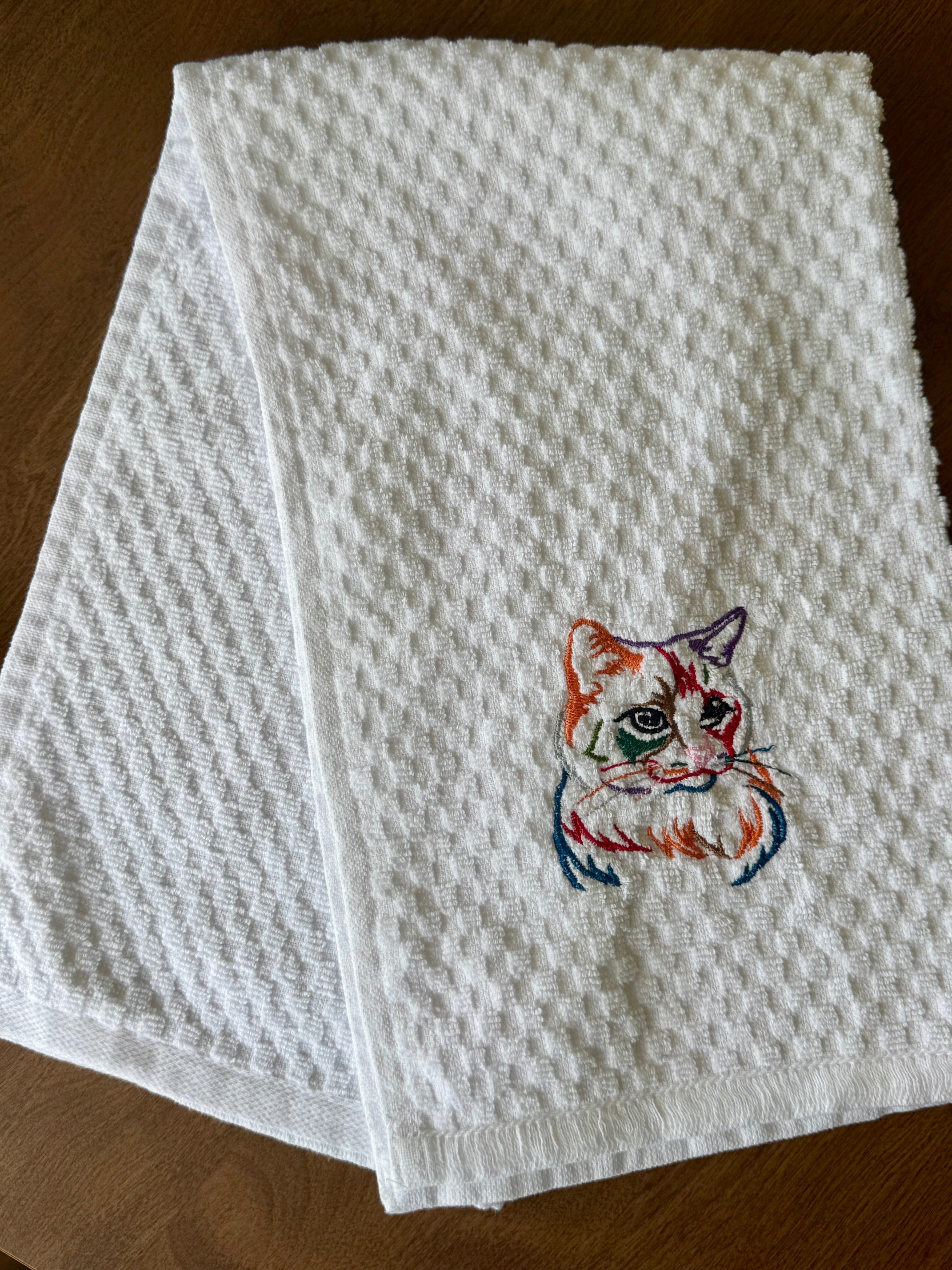Kitchen Towel Rainbow Thread Cat Embroidered