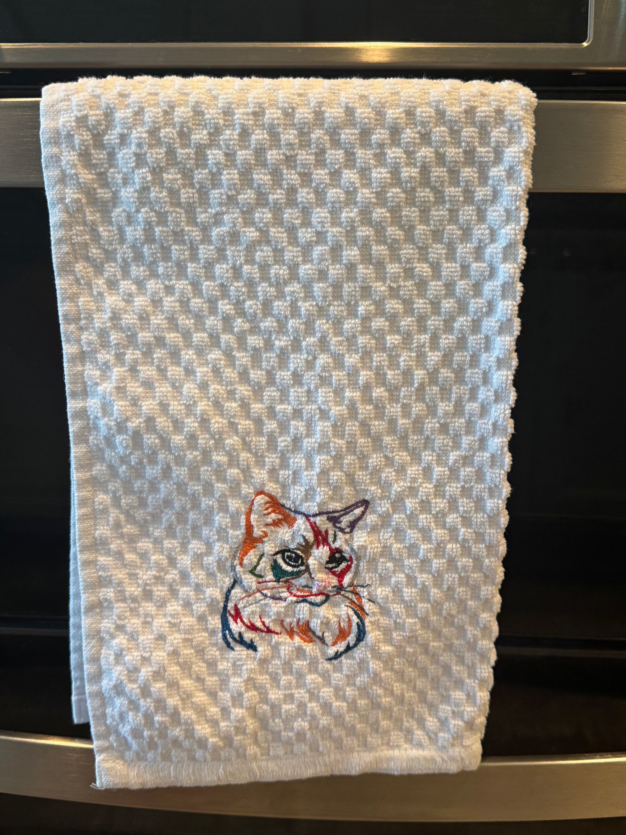 Kitchen Towel Rainbow Thread Cat Embroidered