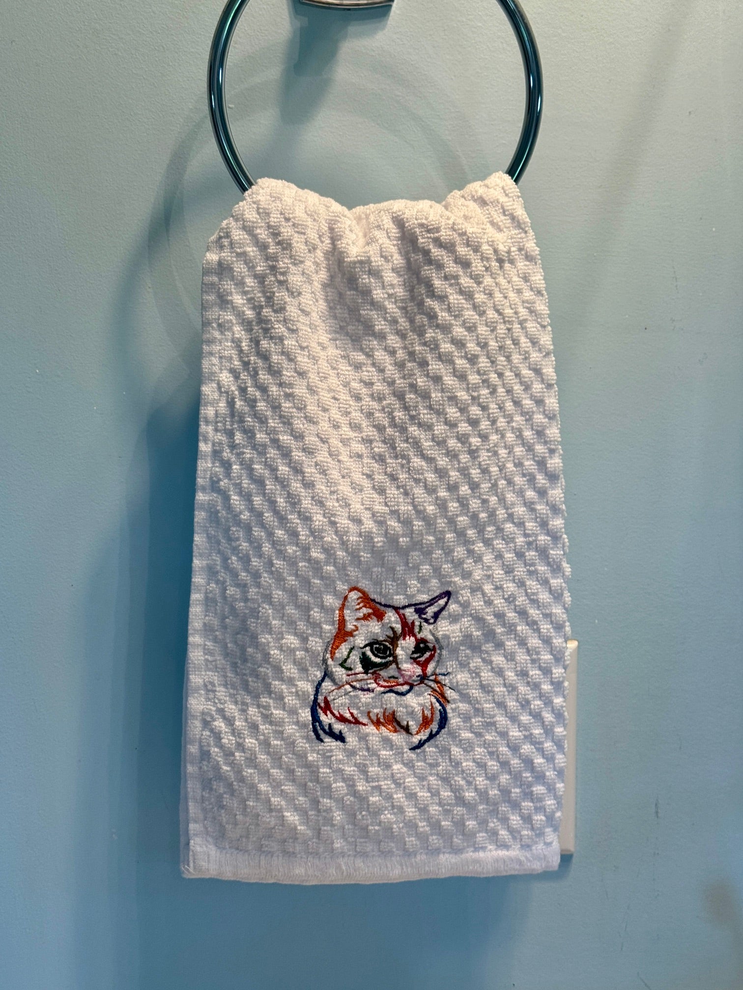 Kitchen Towel Rainbow Thread Cat Embroidered