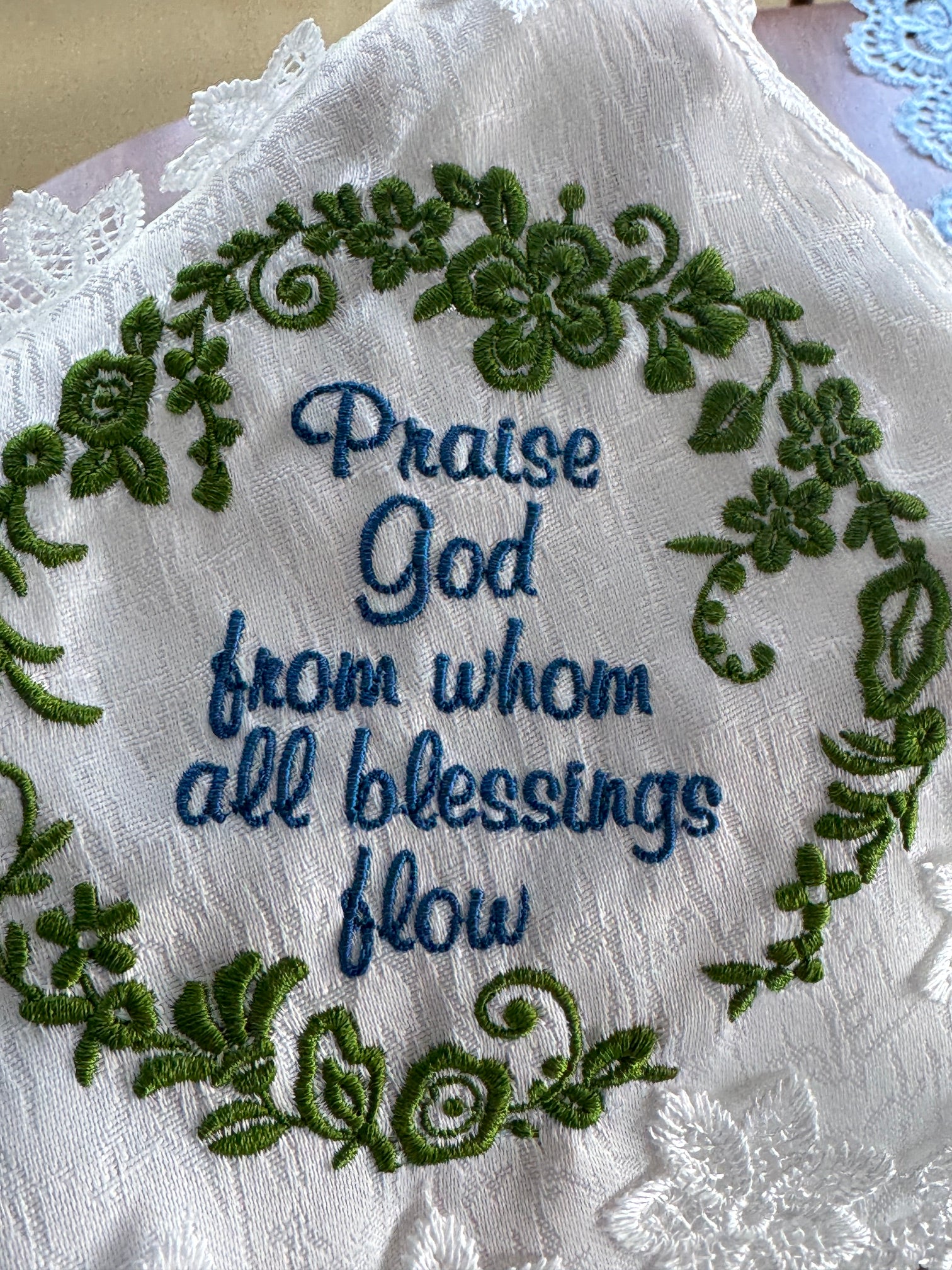 "Praise God From Whom All Blessings Flow" Machine Embroidered Doily