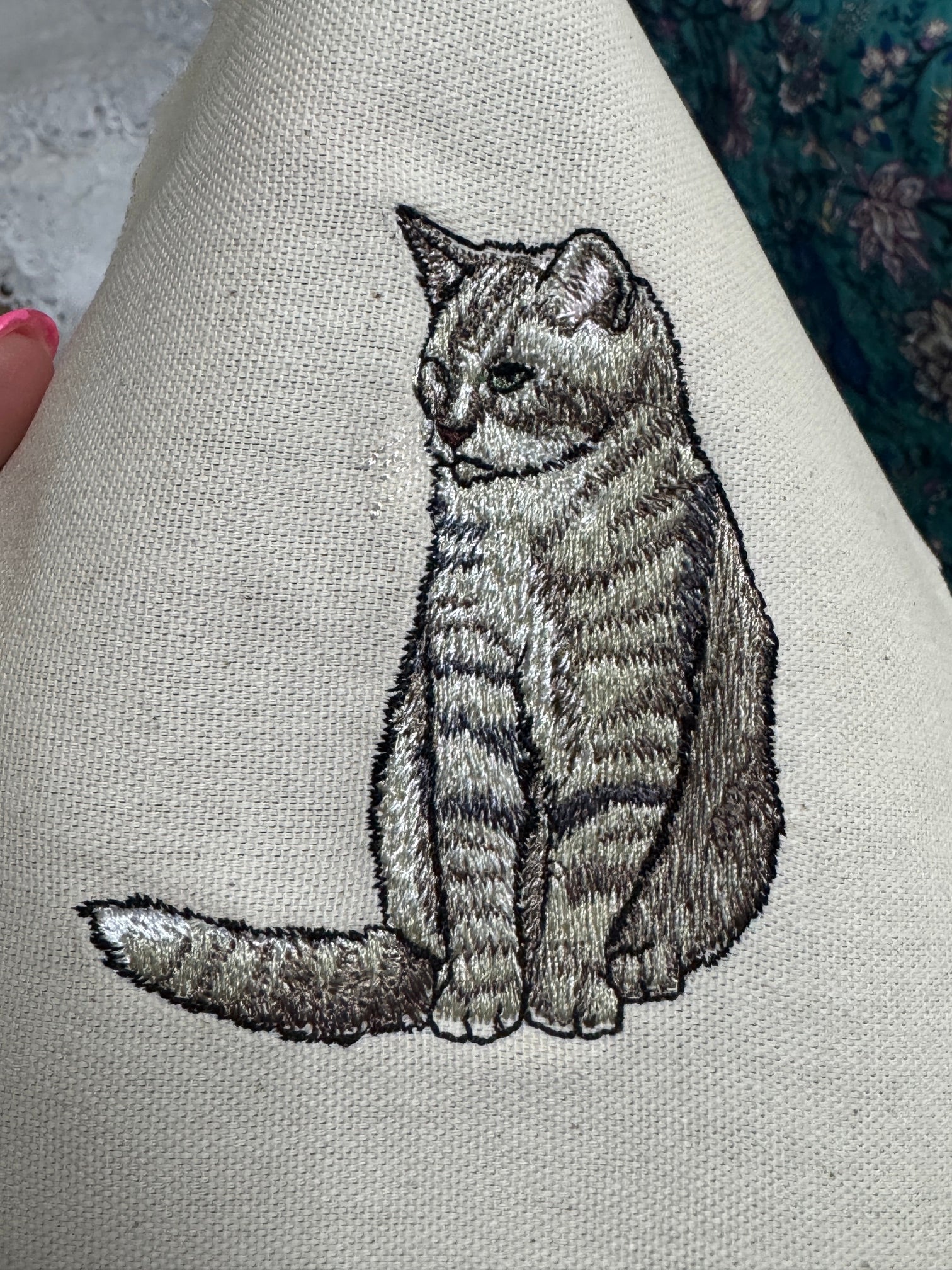Tabby Cat Machine Embroidered Framed Art
