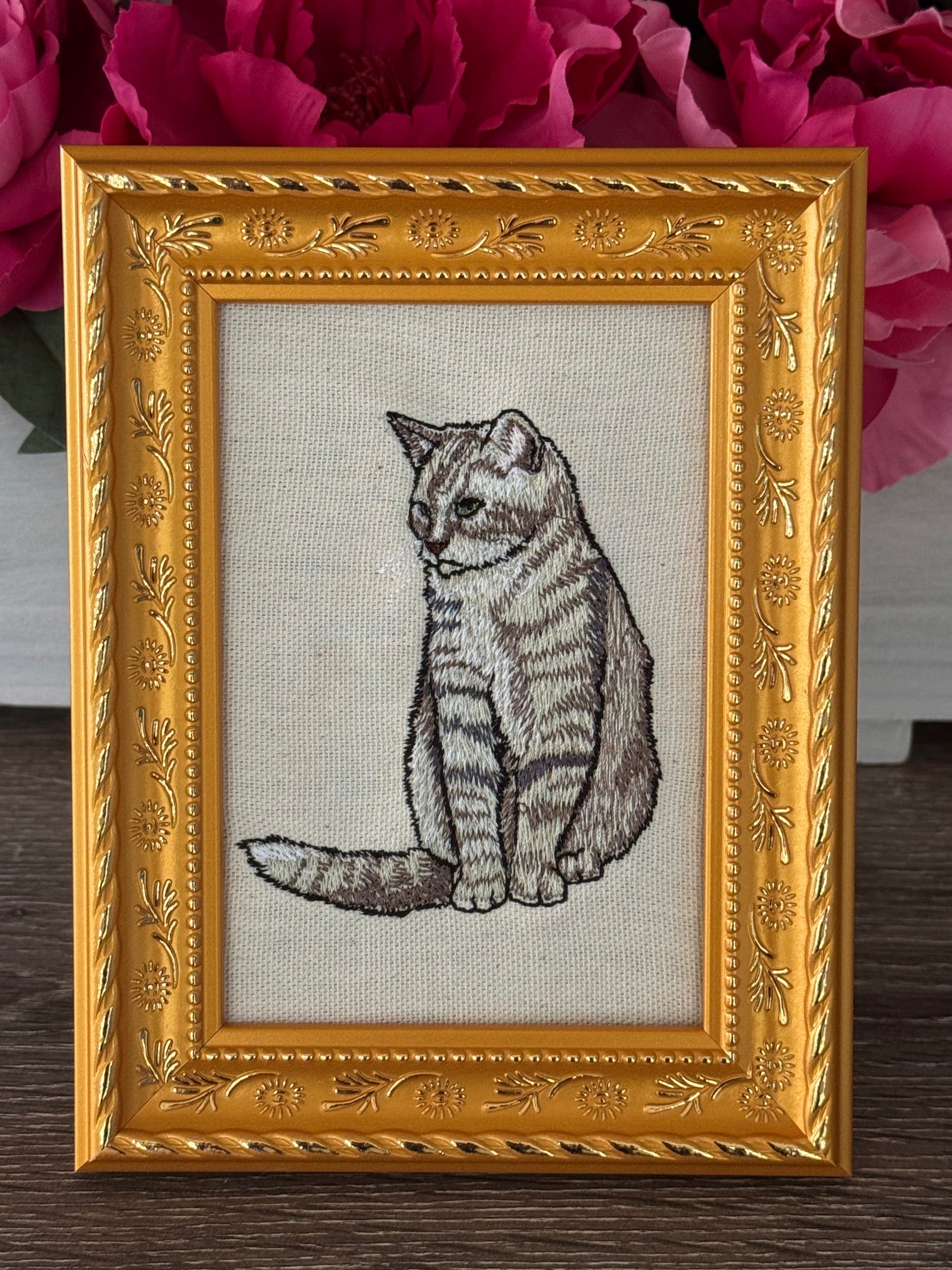 Tabby Cat Machine Embroidered Framed Art