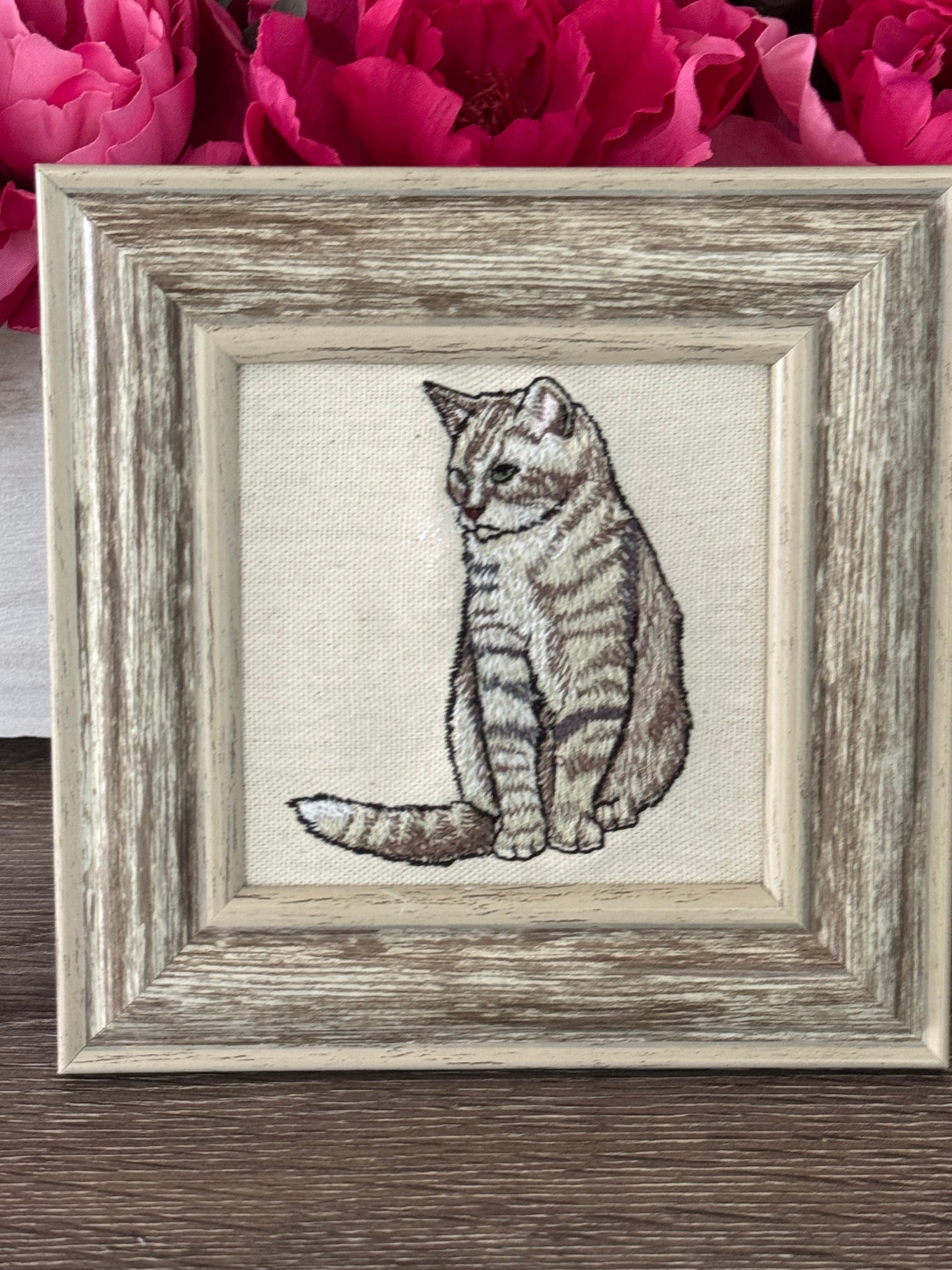 Tabby Cat Machine Embroidered Framed Art