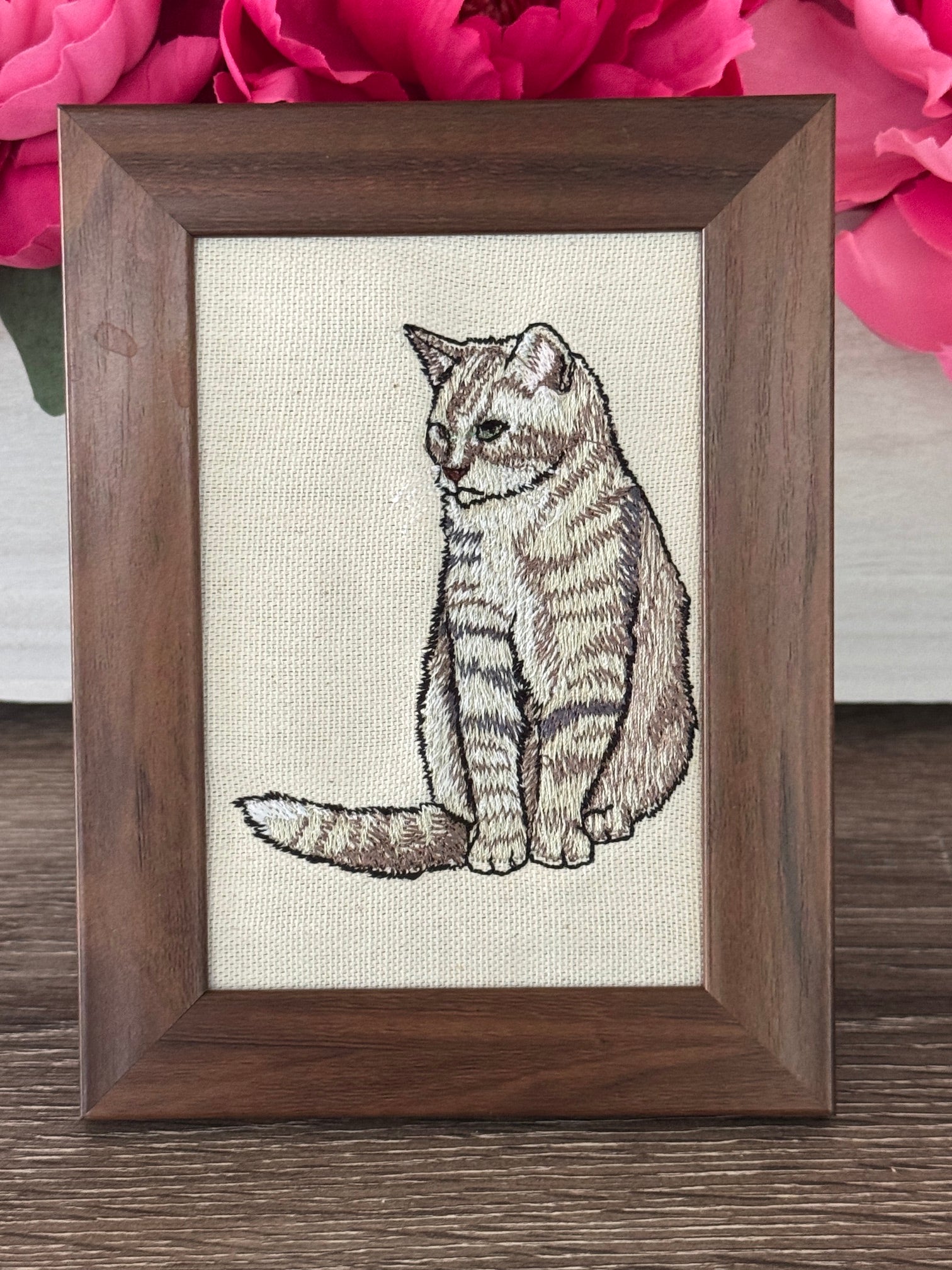 Tabby Cat Machine Embroidered Framed Art