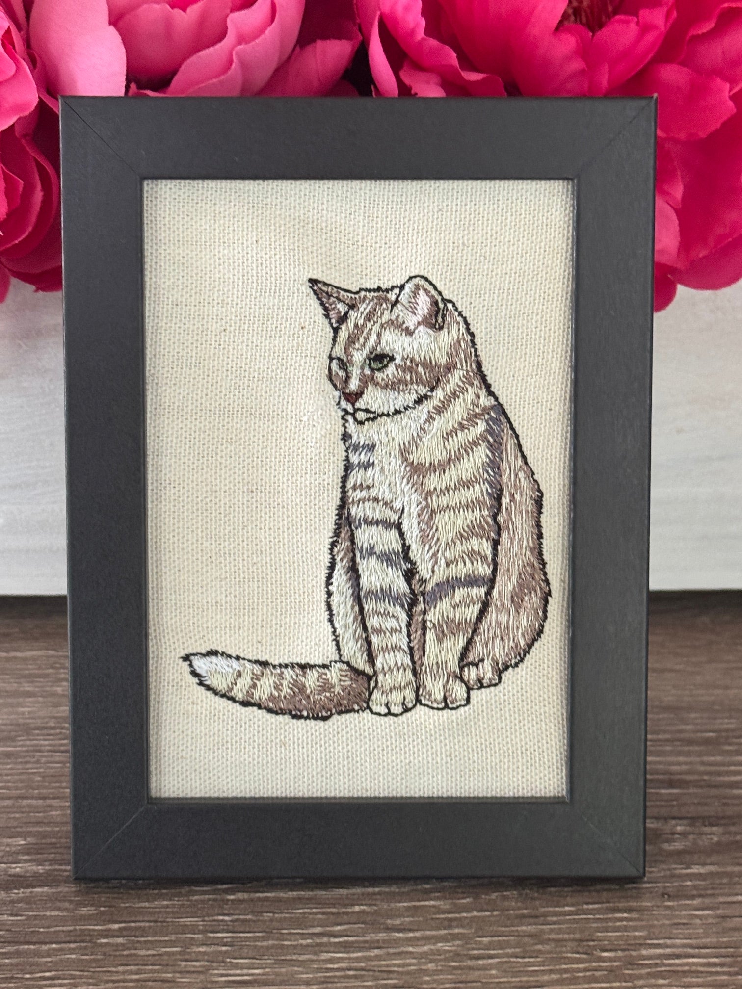 Tabby Cat Machine Embroidered Framed Art