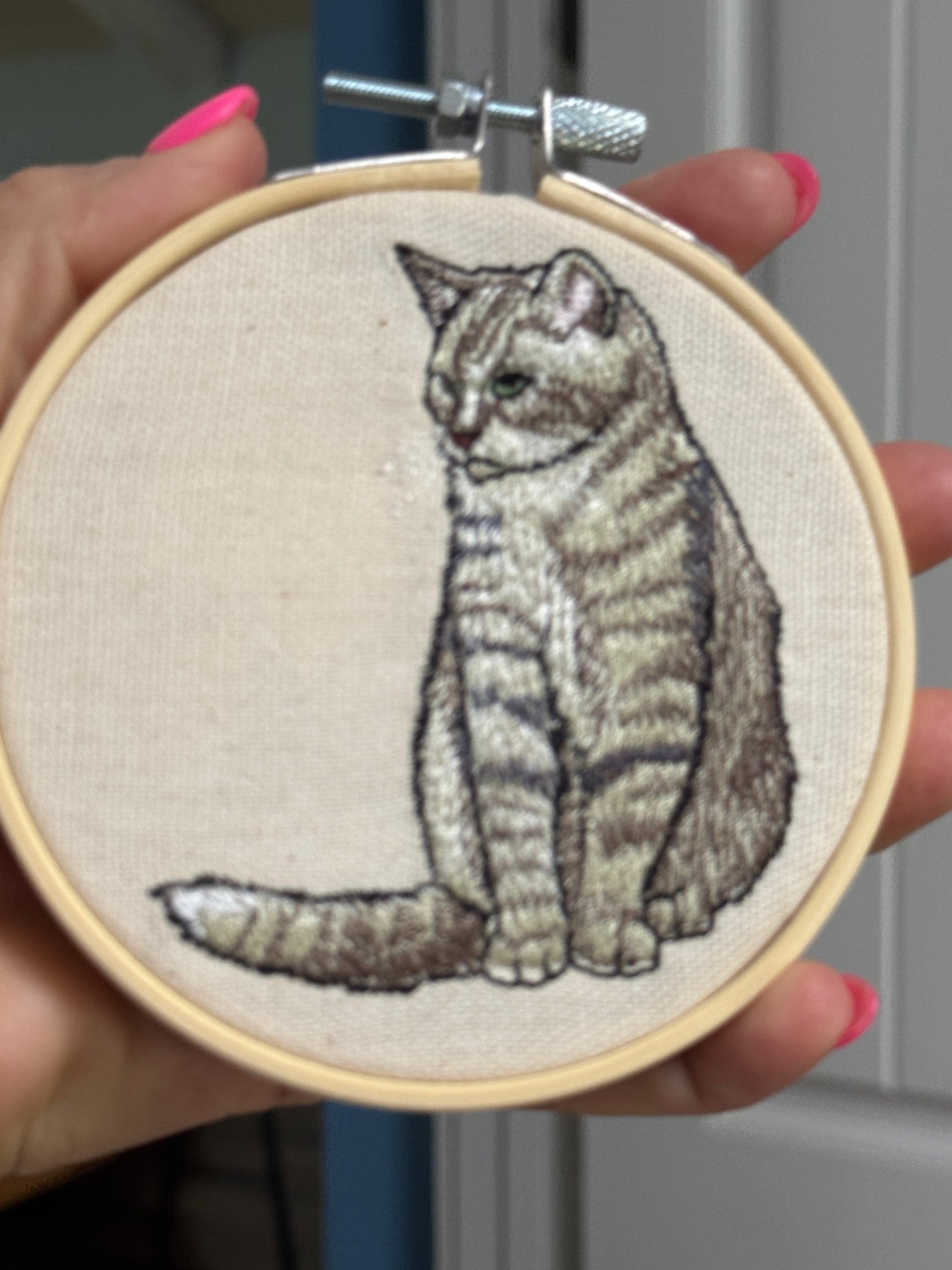 Tabby Cat Machine Embroidered Framed Art