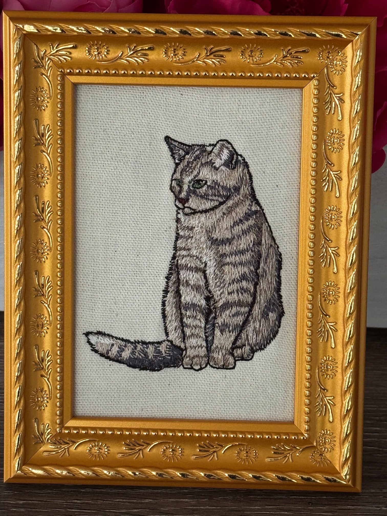 Tabby Cat Machine Embroidered Framed Art