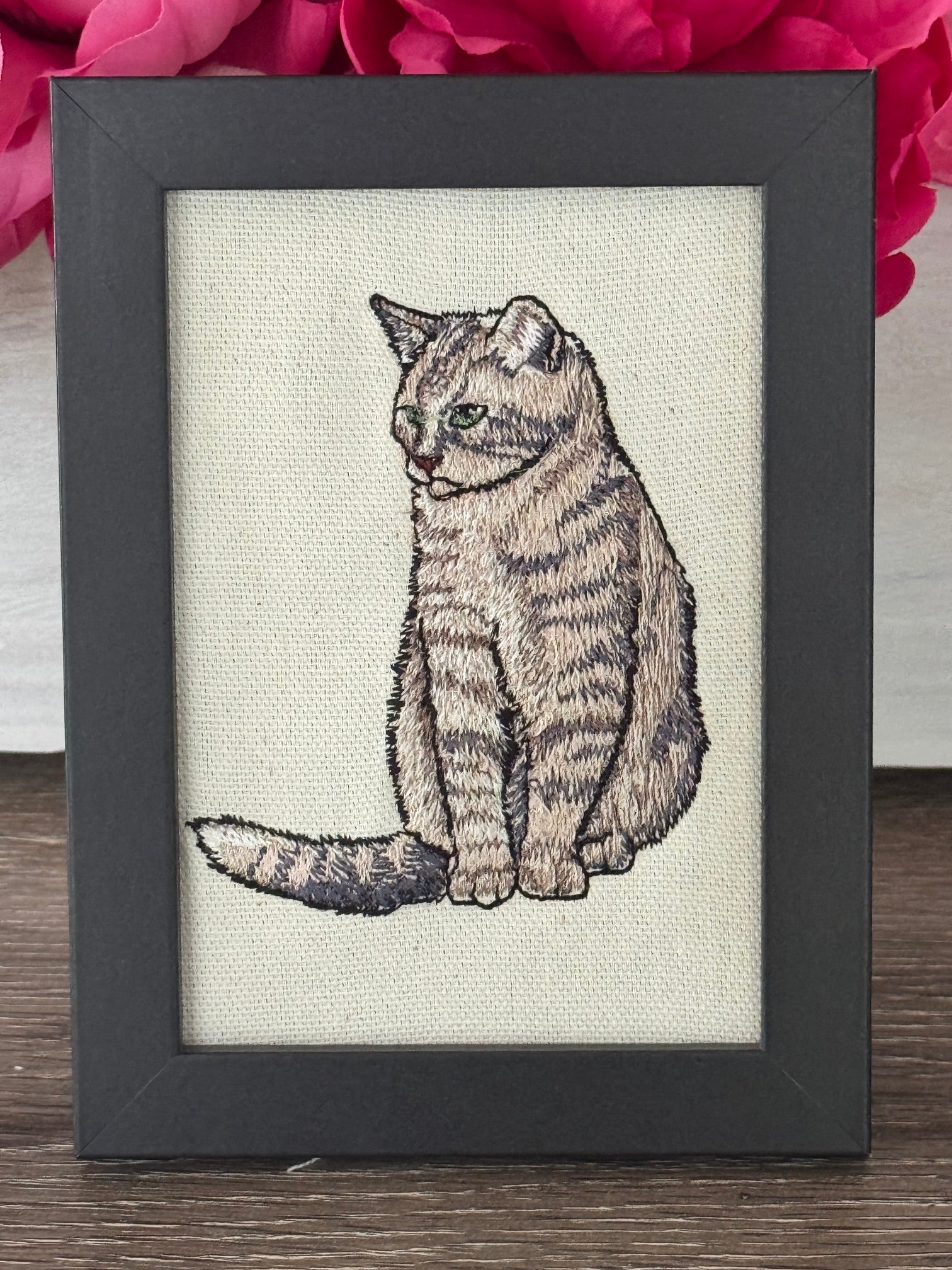 Tabby Cat Machine Embroidered Framed Art