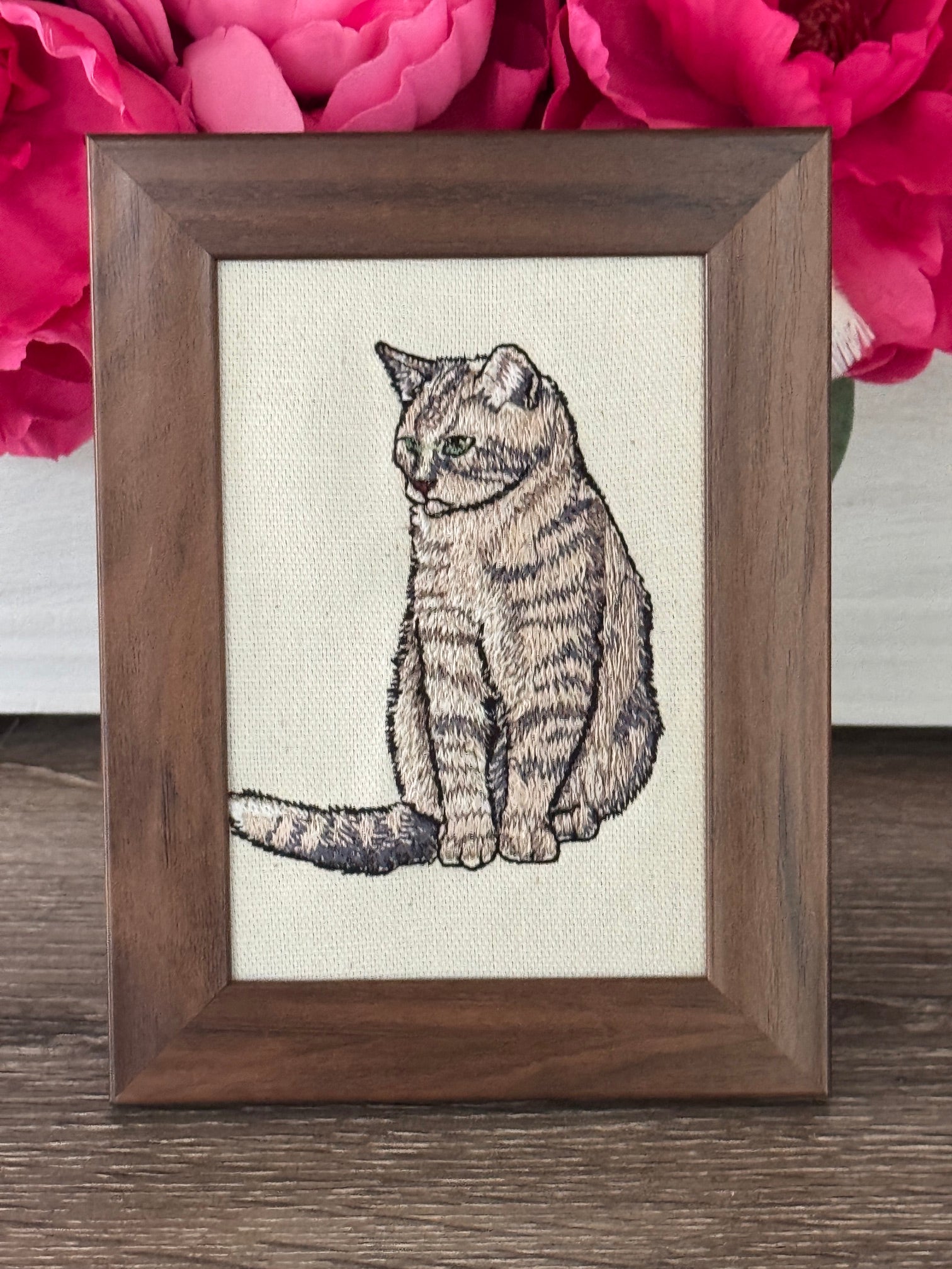 Tabby Cat Machine Embroidered Framed Art