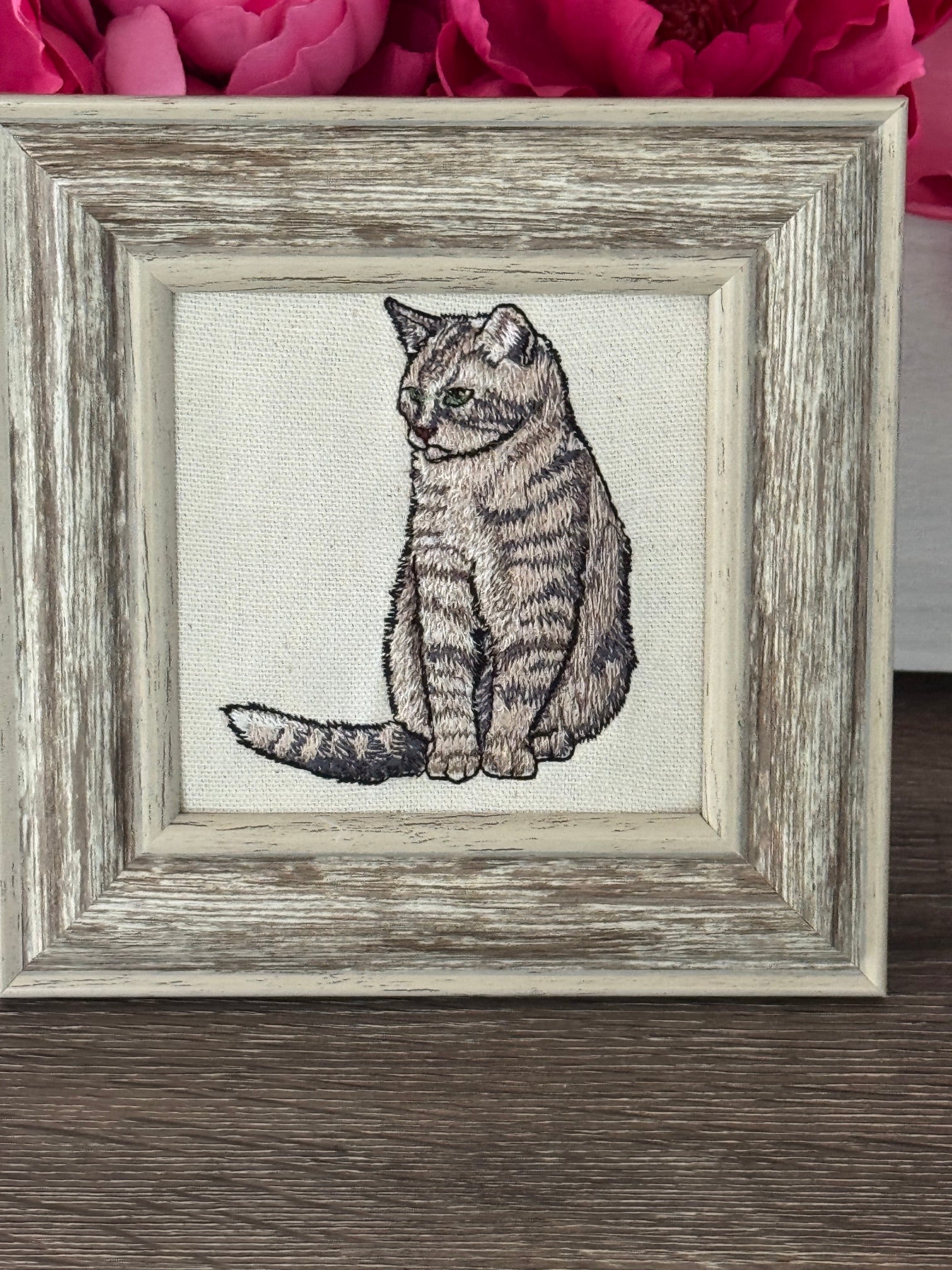 Tabby Cat Machine Embroidered Framed Art