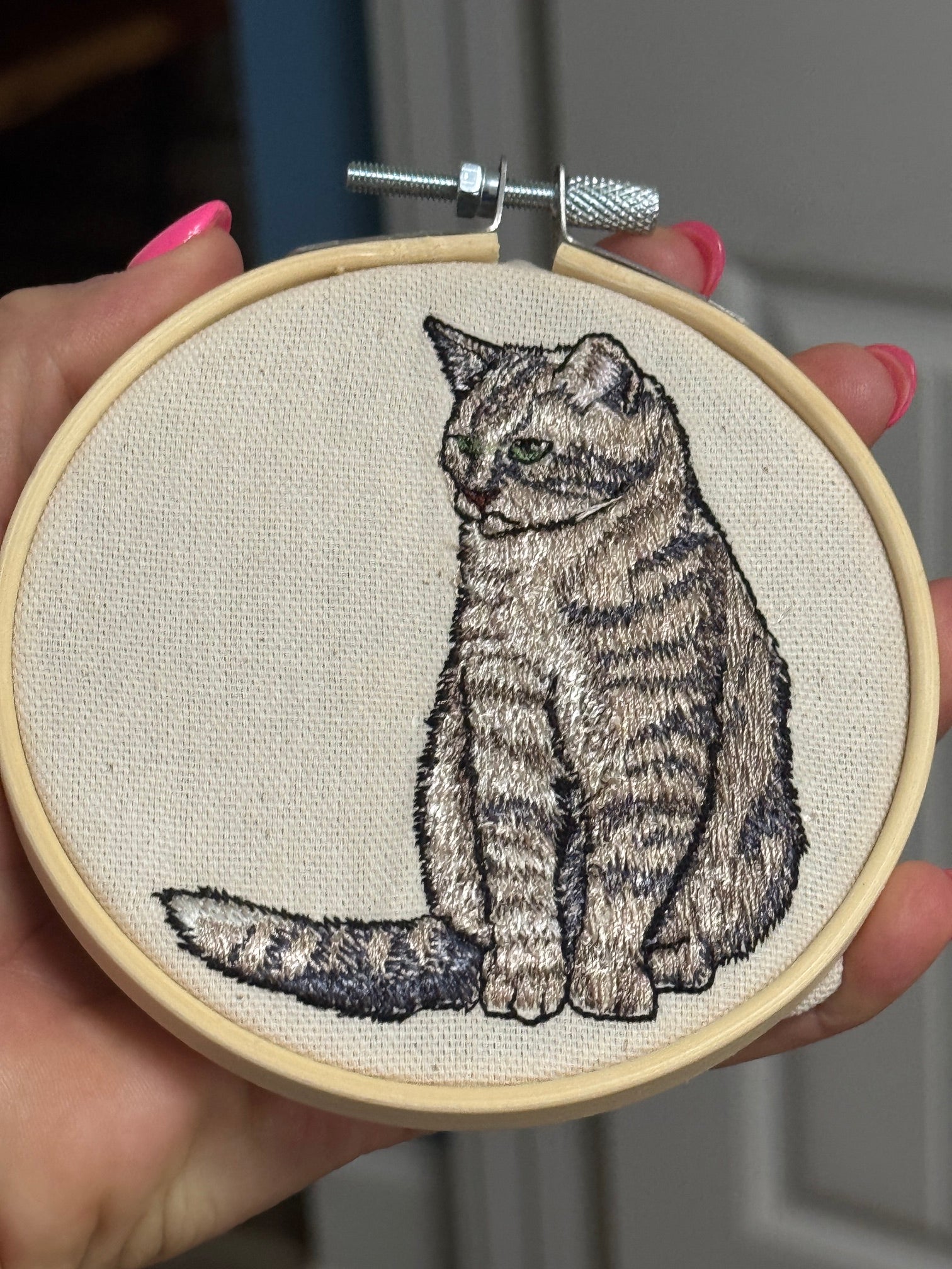 Tabby Cat Machine Embroidered Framed Art